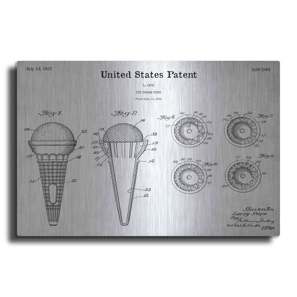 Luxe Metal Art 'Ice Cream Cone Blueprint Patent White' Metal Wall Art
