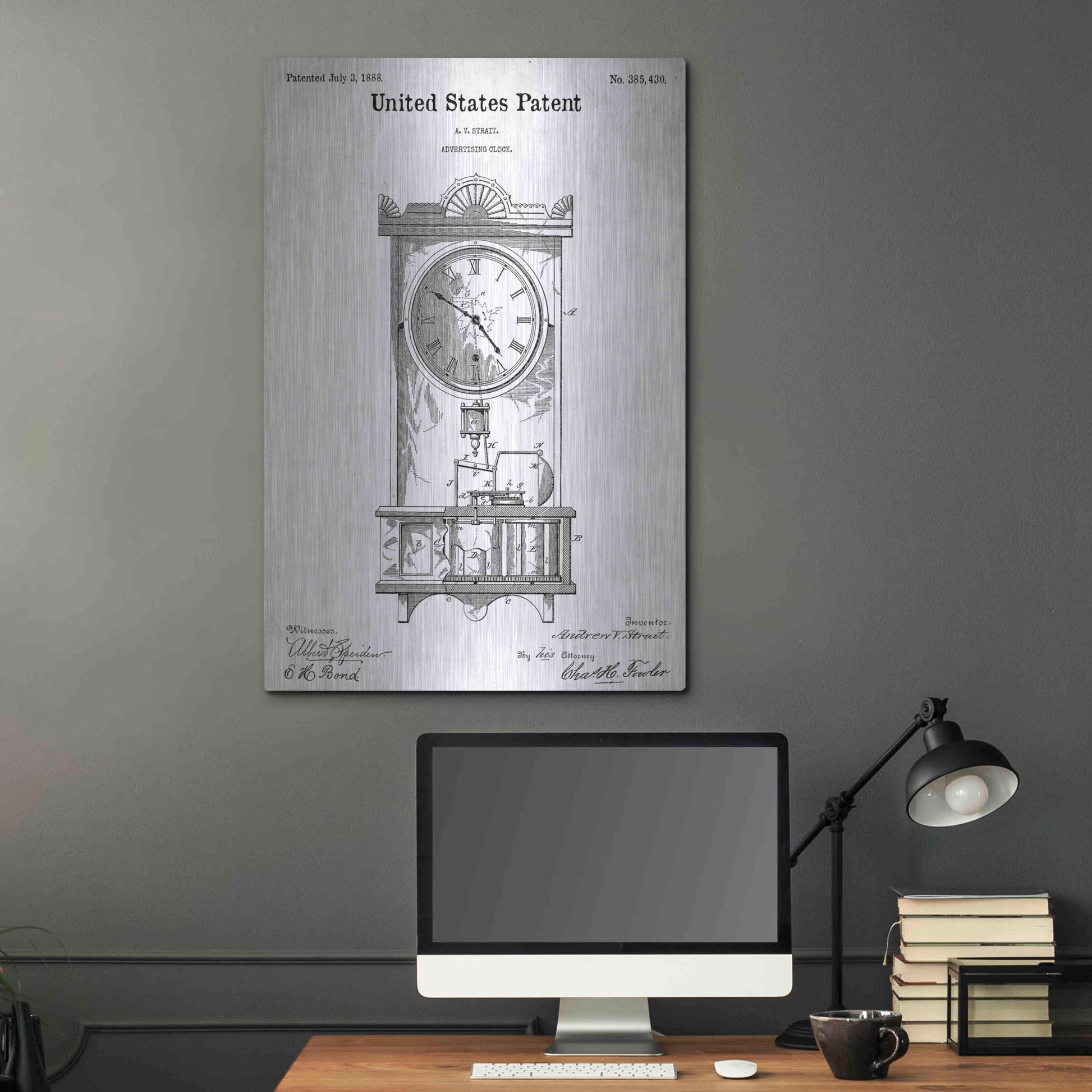 Luxe Metal Art 'Mantel Clock Blueprint Patent White' Acrylic Glass Wall Art,24x36