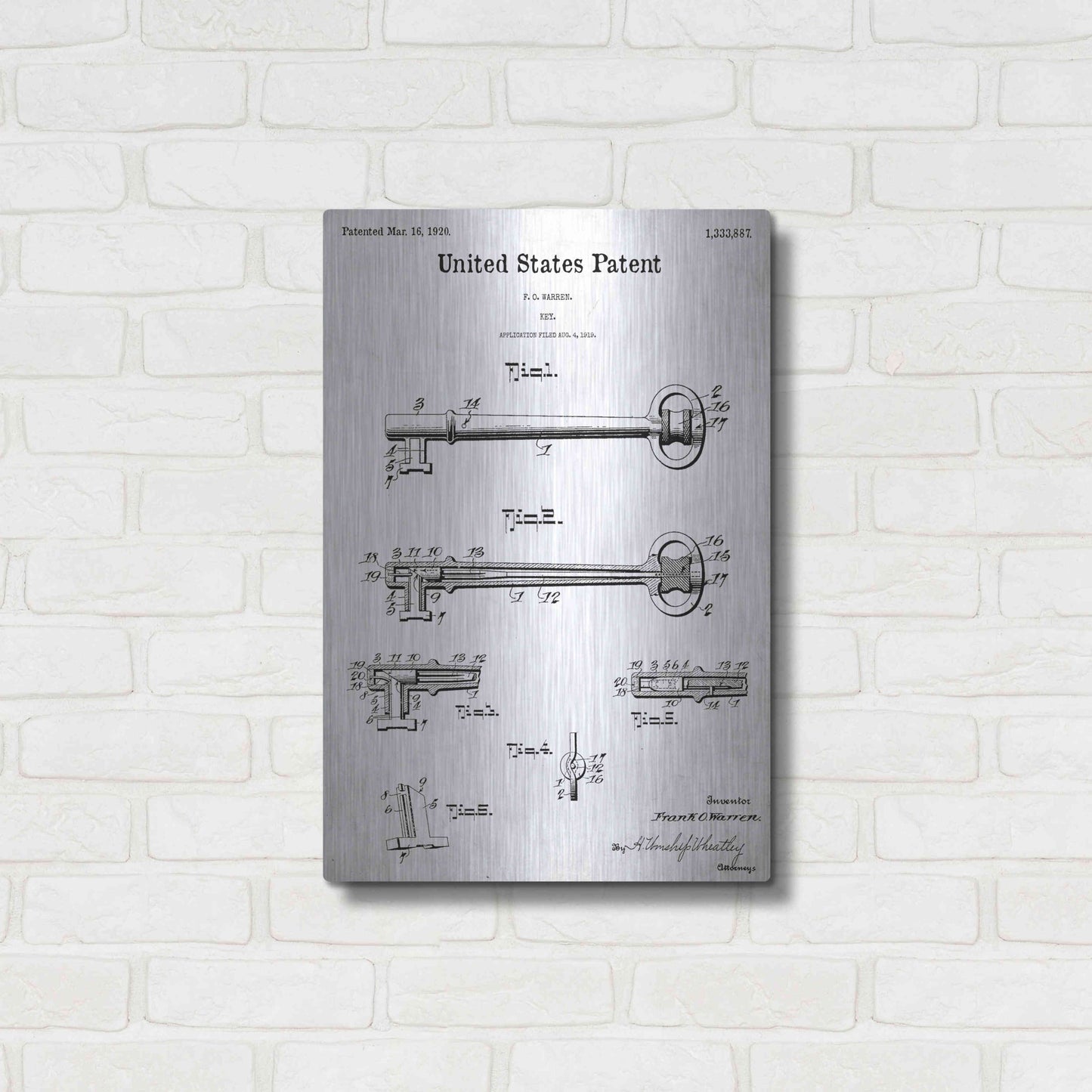 Luxe Metal Art 'Vintage Key Blueprint Patent White' Acrylic Glass Wall Art,16x24