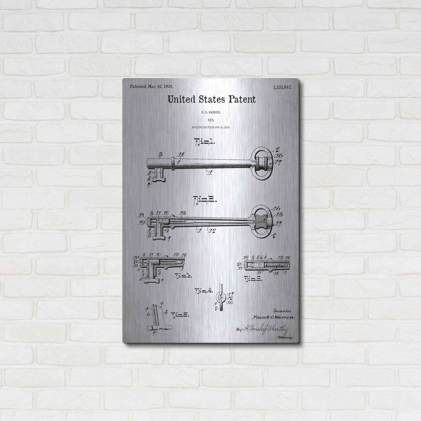 Luxe Metal Art 'Vintage Key Blueprint Patent White' Acrylic Glass Wall Art,24x36