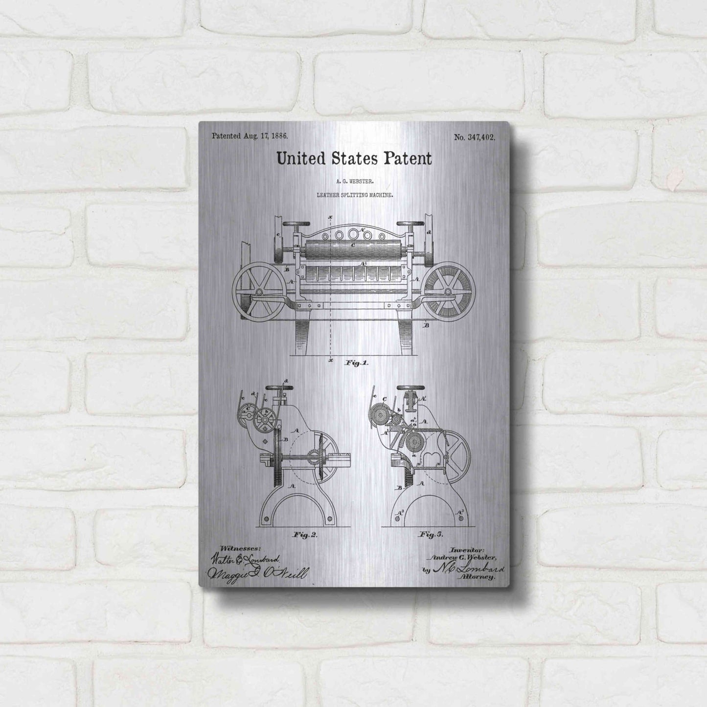 Luxe Metal Art 'Leather Splitting Machine Blueprint Patent White' Acrylic Glass Wall Art,12x16