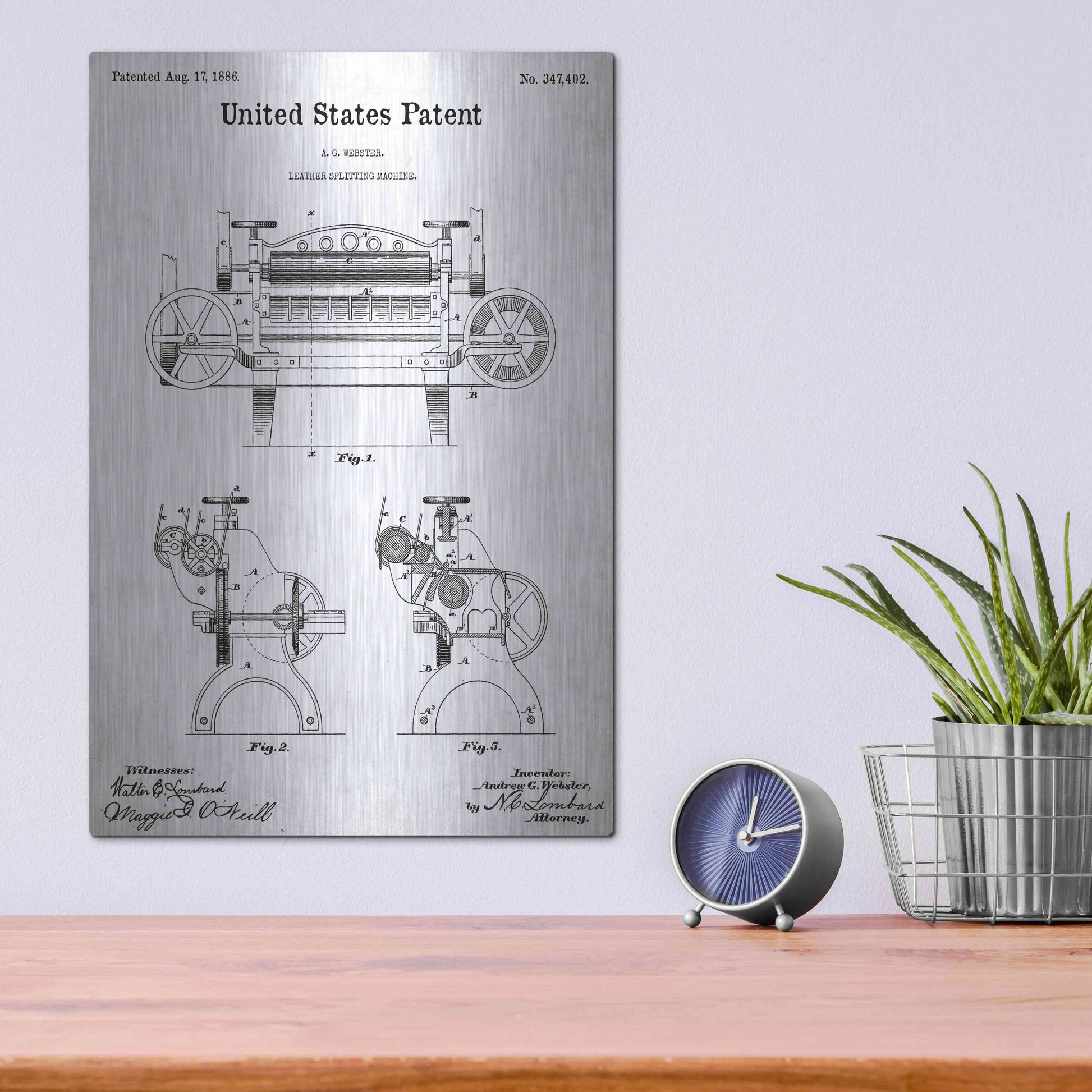 Luxe Metal Art 'Leather Splitting Machine Blueprint Patent White' Acrylic Glass Wall Art,12x16