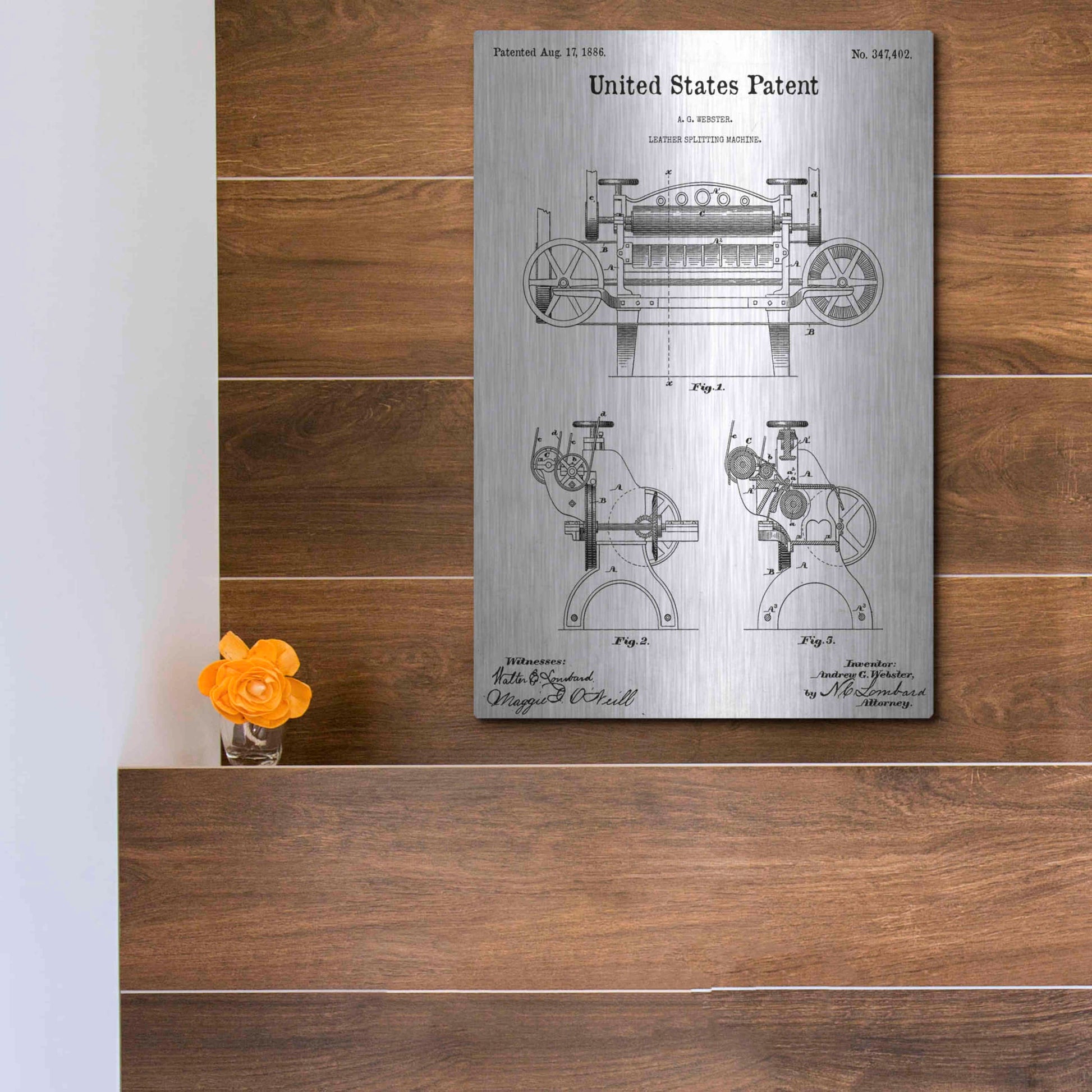 Luxe Metal Art 'Leather Splitting Machine Blueprint Patent White' Acrylic Glass Wall Art,12x16