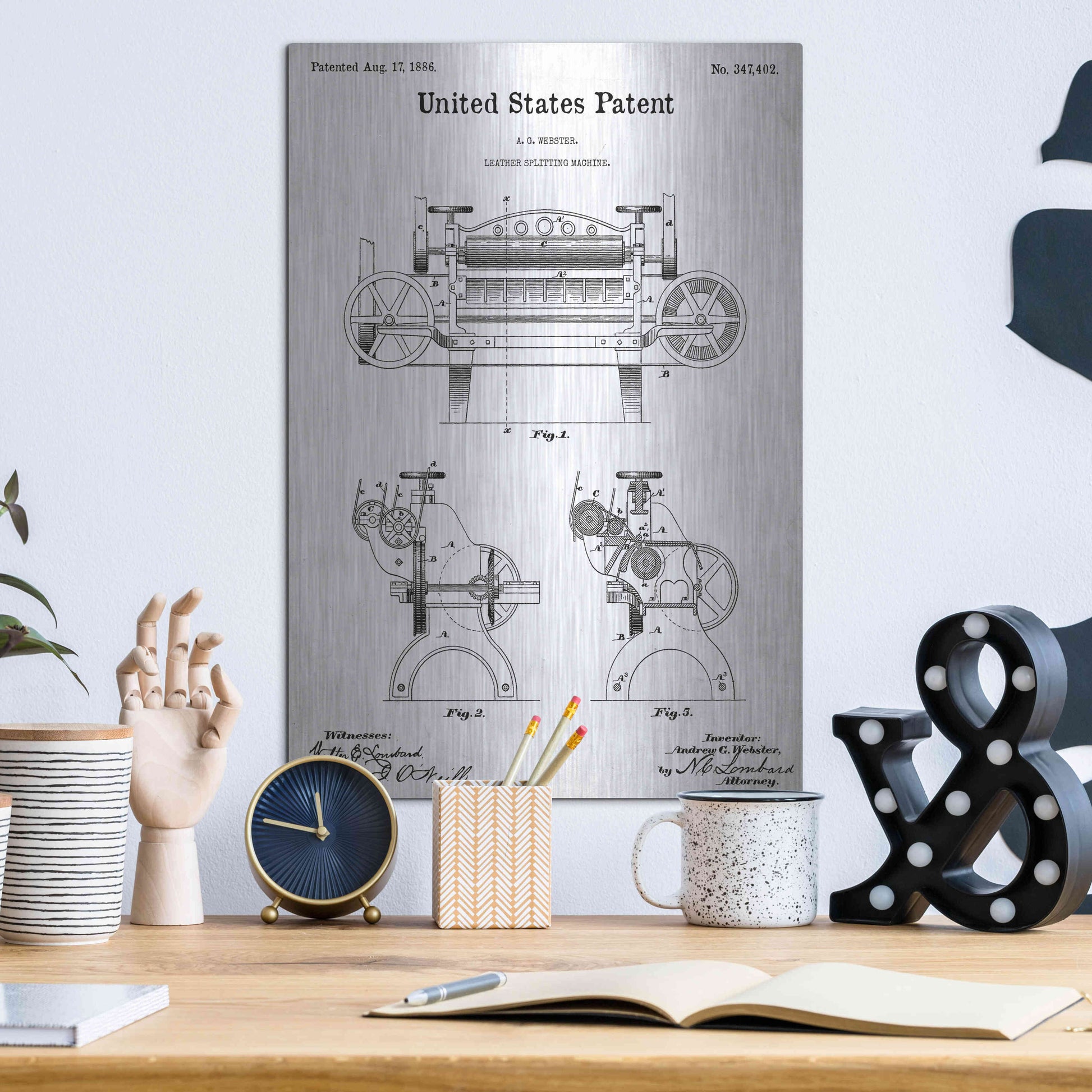 Luxe Metal Art 'Leather Splitting Machine Blueprint Patent White' Acrylic Glass Wall Art,12x16