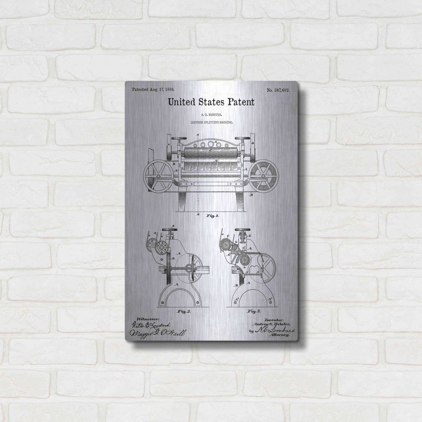 Luxe Metal Art 'Leather Splitting Machine Blueprint Patent White' Acrylic Glass Wall Art,16x24