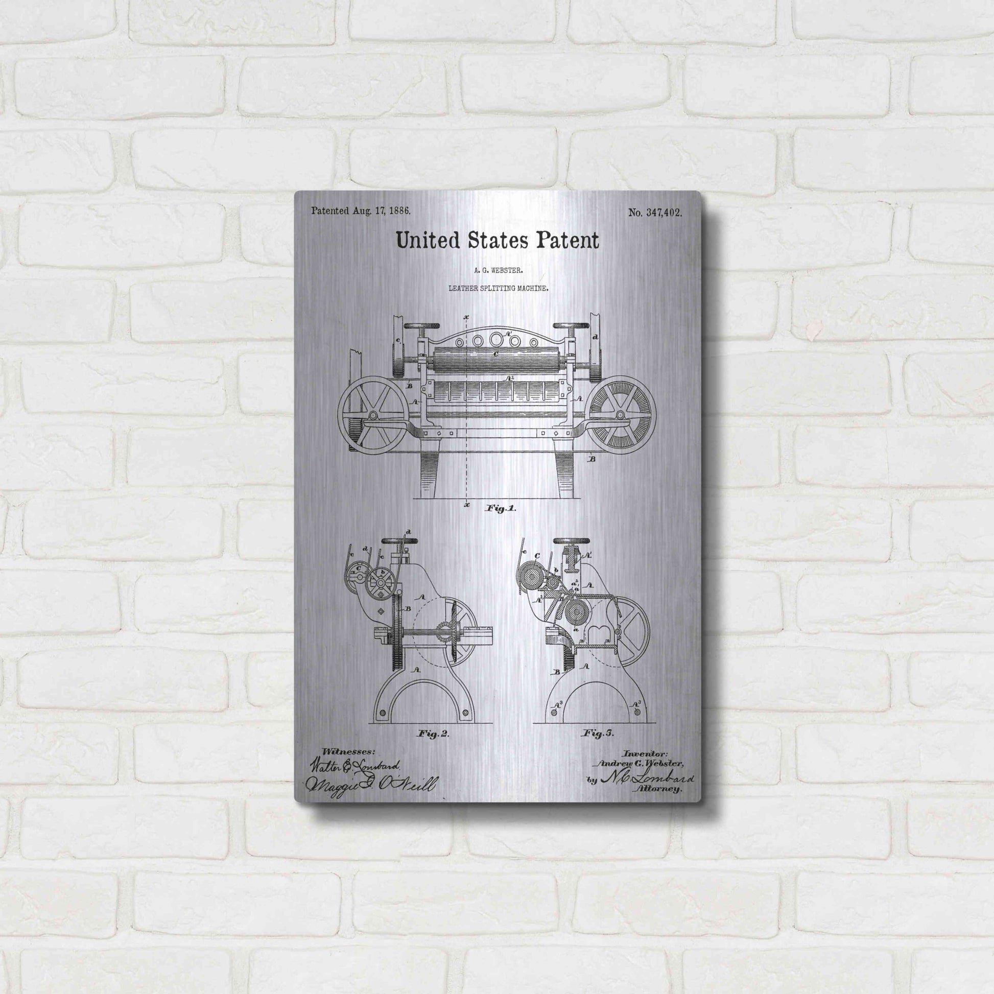 Luxe Metal Art 'Leather Splitting Machine Blueprint Patent White' Acrylic Glass Wall Art,16x24