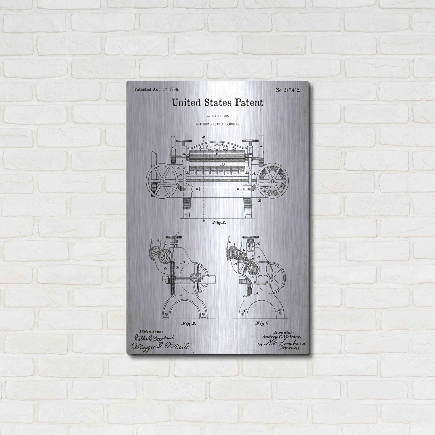 Luxe Metal Art 'Leather Splitting Machine Blueprint Patent White' Acrylic Glass Wall Art,24x36