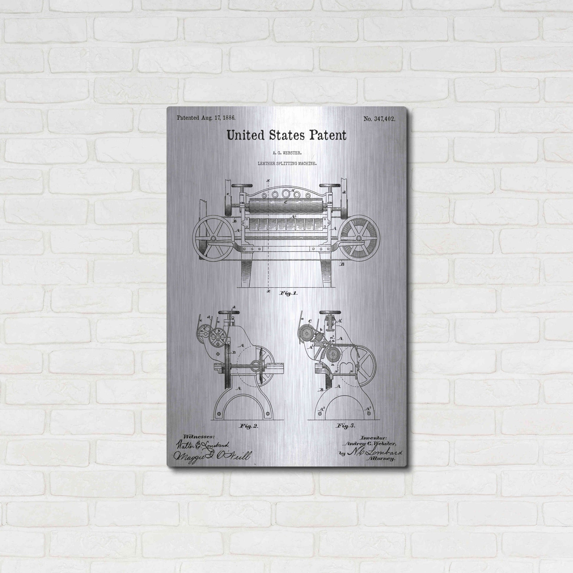 Luxe Metal Art 'Leather Splitting Machine Blueprint Patent White' Acrylic Glass Wall Art,24x36