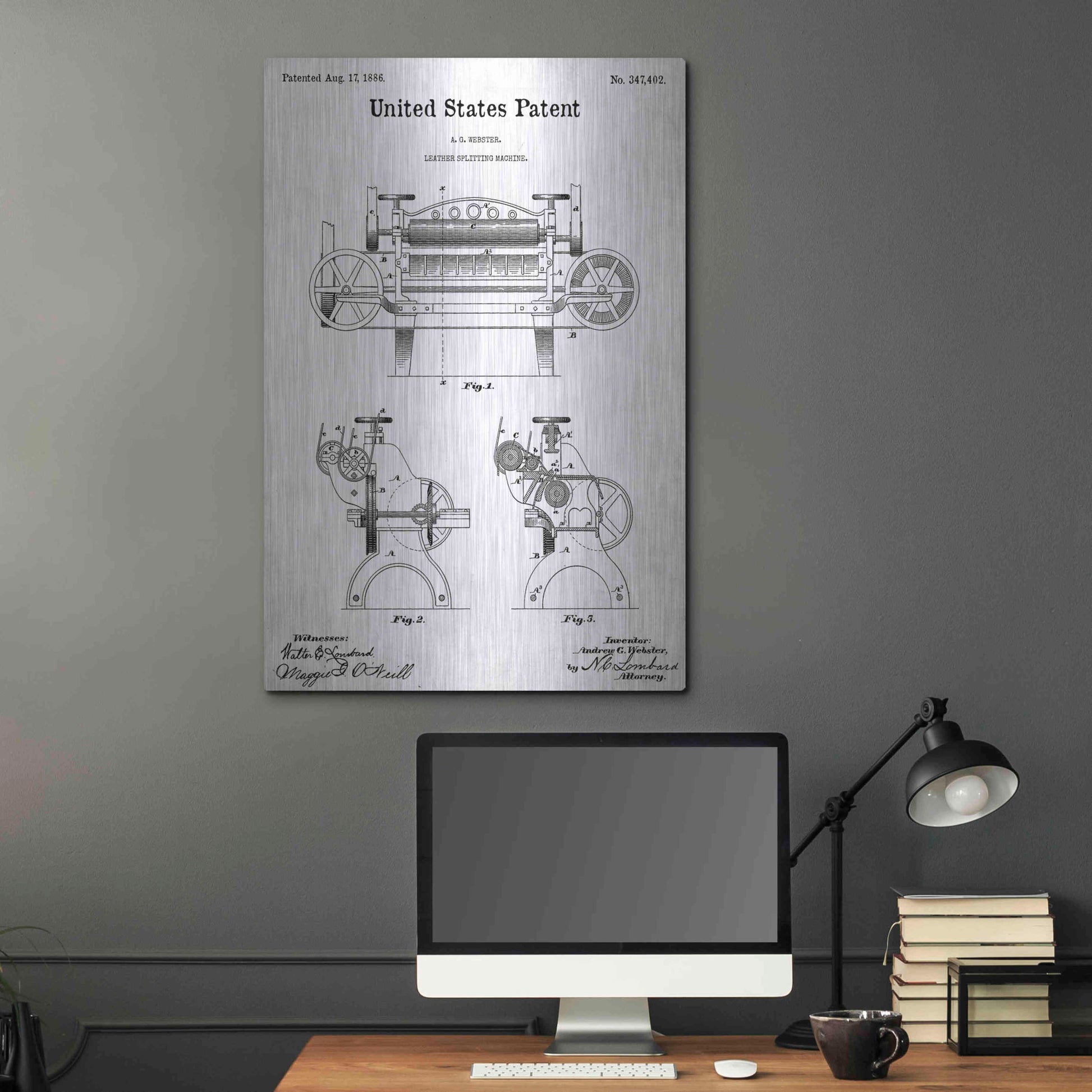 Luxe Metal Art 'Leather Splitting Machine Blueprint Patent White' Acrylic Glass Wall Art,24x36