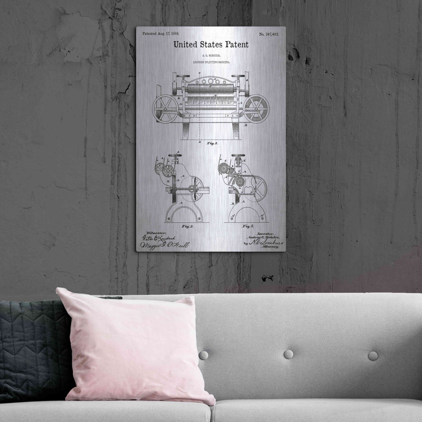 Luxe Metal Art 'Leather Splitting Machine Blueprint Patent White' Acrylic Glass Wall Art,24x36