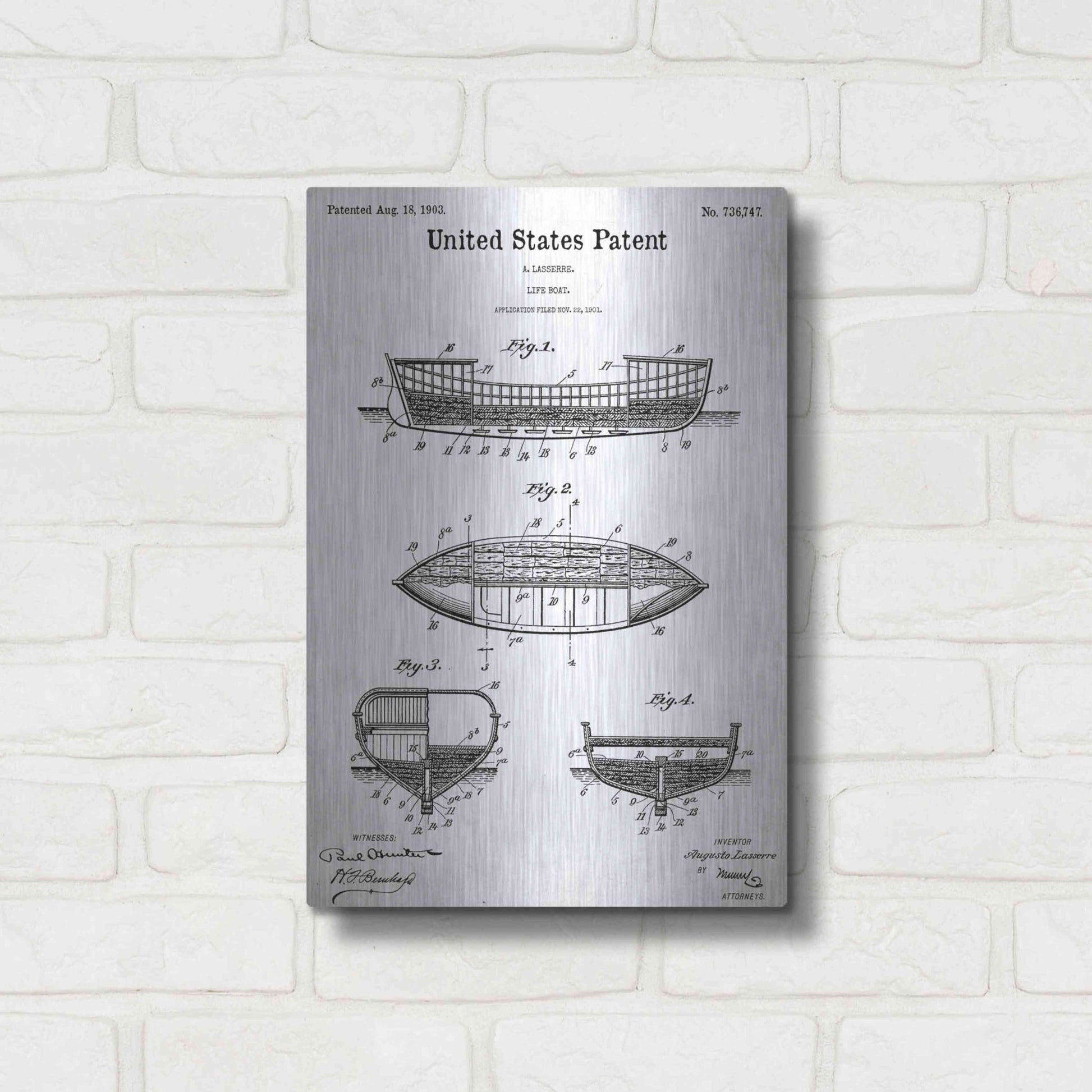 Luxe Metal Art 'Lifeboat Blueprint Patent White' Acrylic Glass Wall Art,12x16