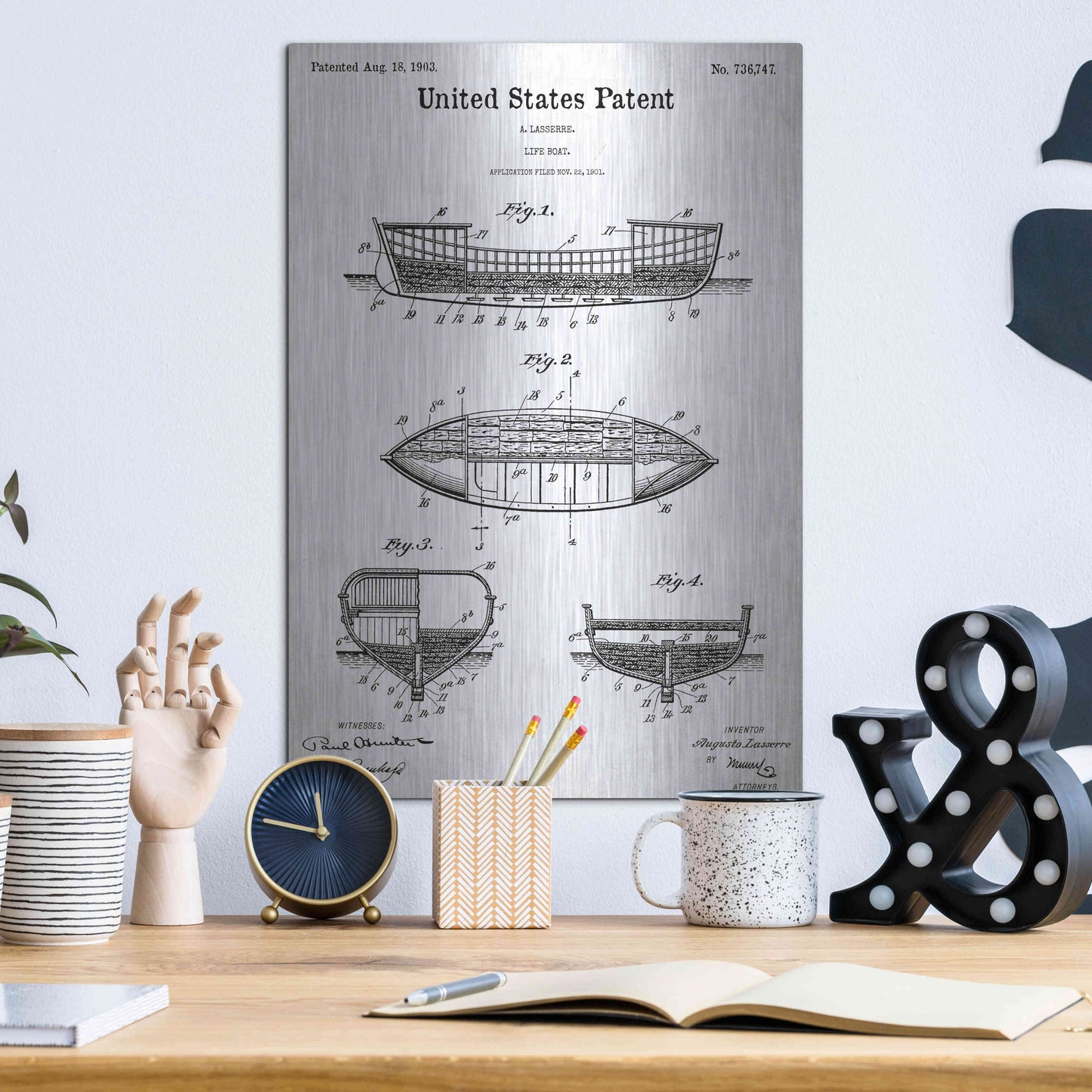 Luxe Metal Art 'Lifeboat Blueprint Patent White' Acrylic Glass Wall Art,12x16