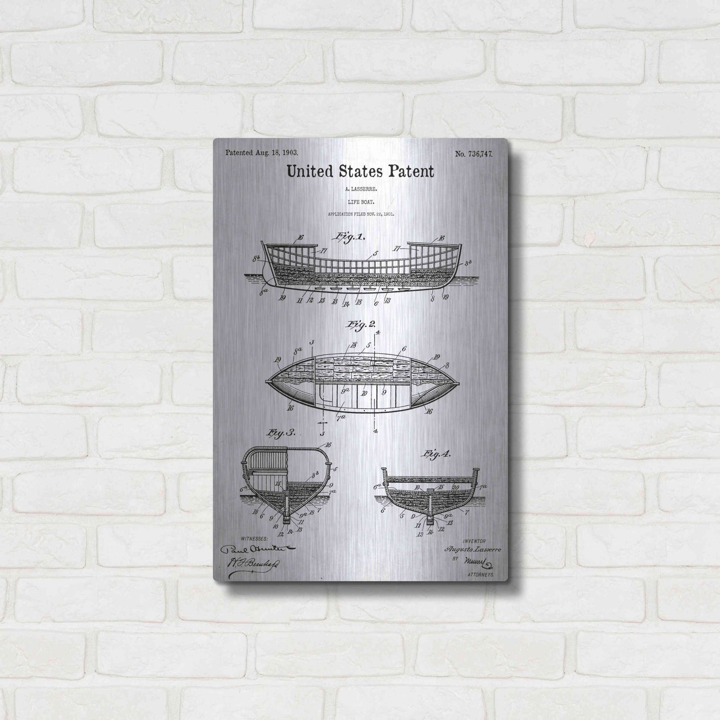 Luxe Metal Art 'Lifeboat Blueprint Patent White' Acrylic Glass Wall Art,16x24