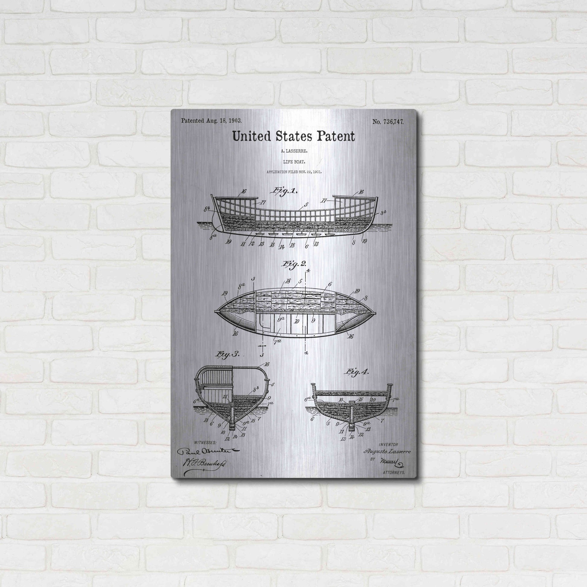 Luxe Metal Art 'Lifeboat Blueprint Patent White' Acrylic Glass Wall Art,24x36