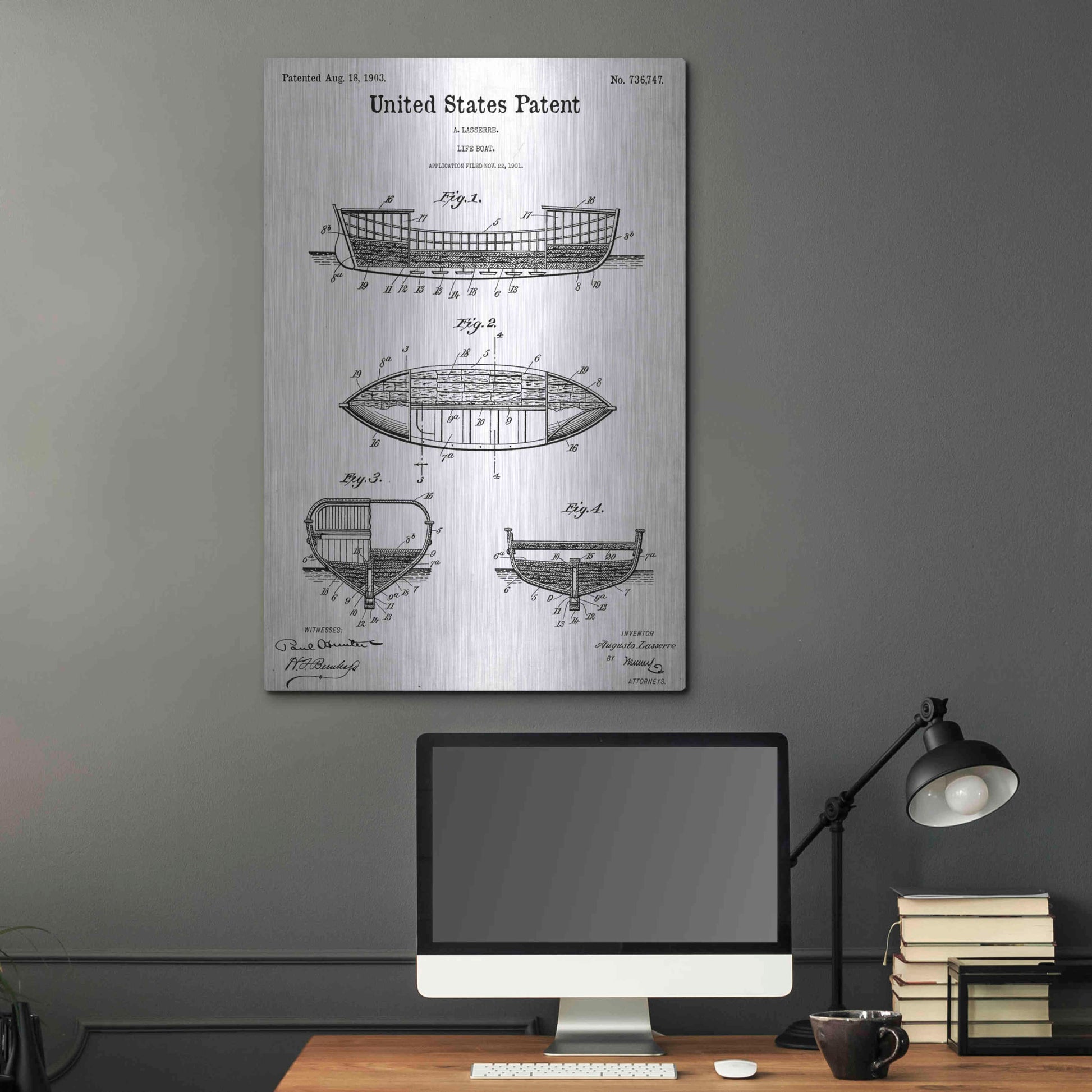 Luxe Metal Art 'Lifeboat Blueprint Patent White' Acrylic Glass Wall Art,24x36