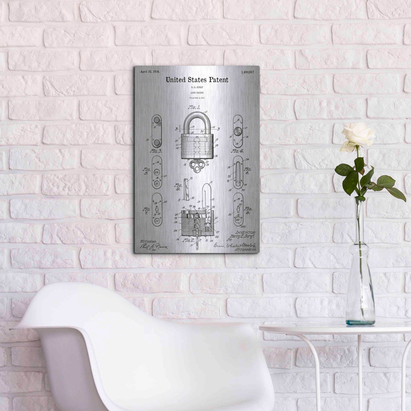 Luxe Metal Art 'Lock Blueprint Patent White' Acrylic Glass Wall Art,16x24