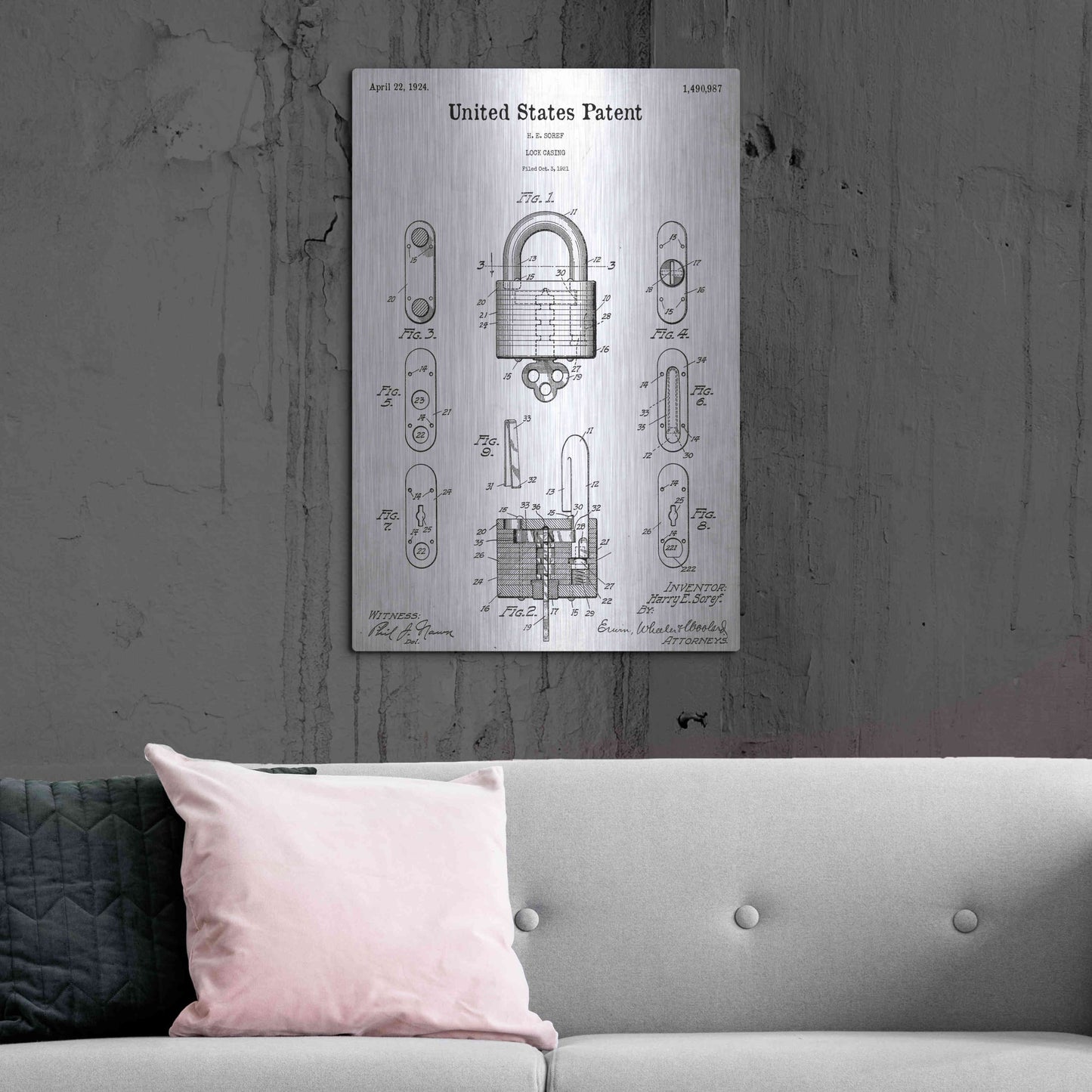 Luxe Metal Art 'Lock Blueprint Patent White' Acrylic Glass Wall Art,24x36