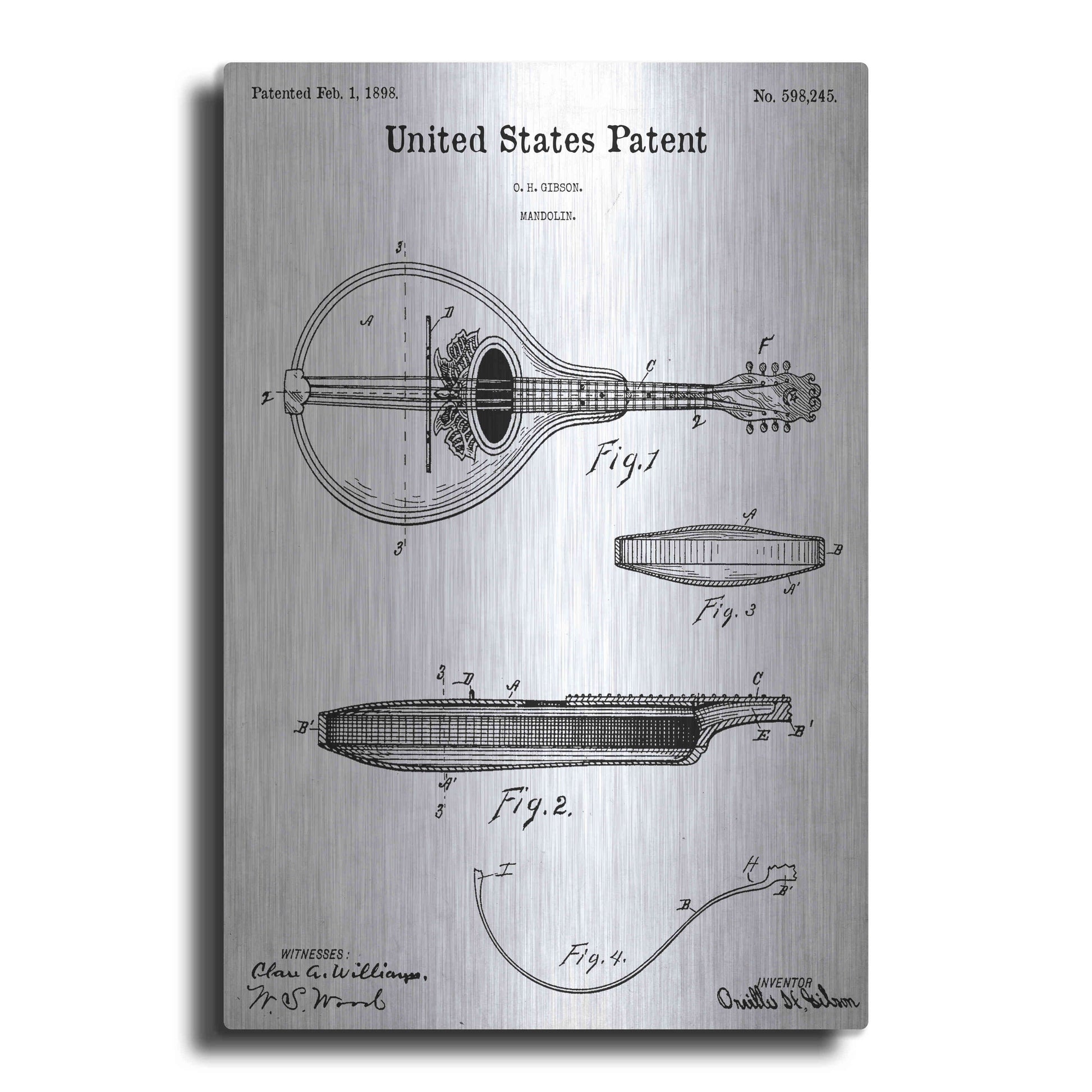 Luxe Metal Art 'Mandolin Blueprint Patent White' Acrylic Glass Wall Art