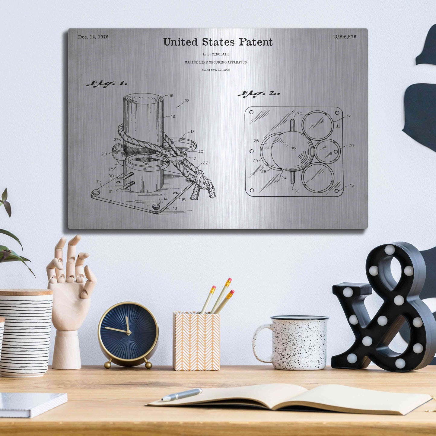 Luxe Metal Art 'Marine Line Secure Device Blueprint Patent White' Acrylic Glass Wall Art,16x12