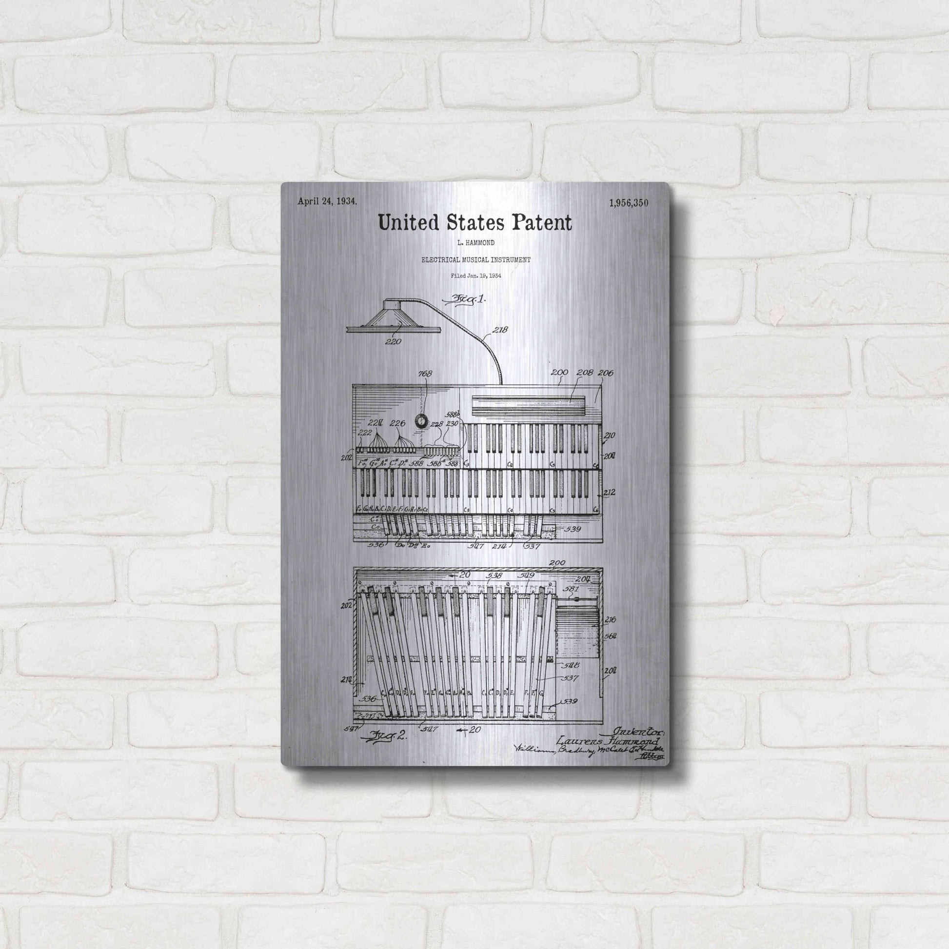 Luxe Metal Art 'Keyboard Instrument Blueprint Patent White' Acrylic Glass Wall Art,16x24