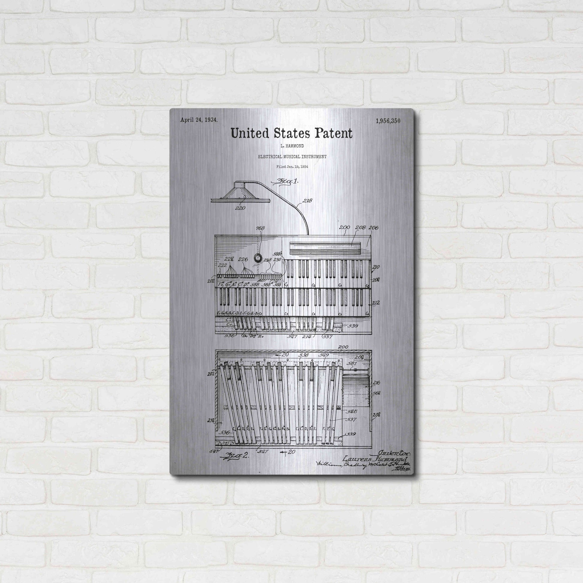 Luxe Metal Art 'Keyboard Instrument Blueprint Patent White' Acrylic Glass Wall Art,24x36