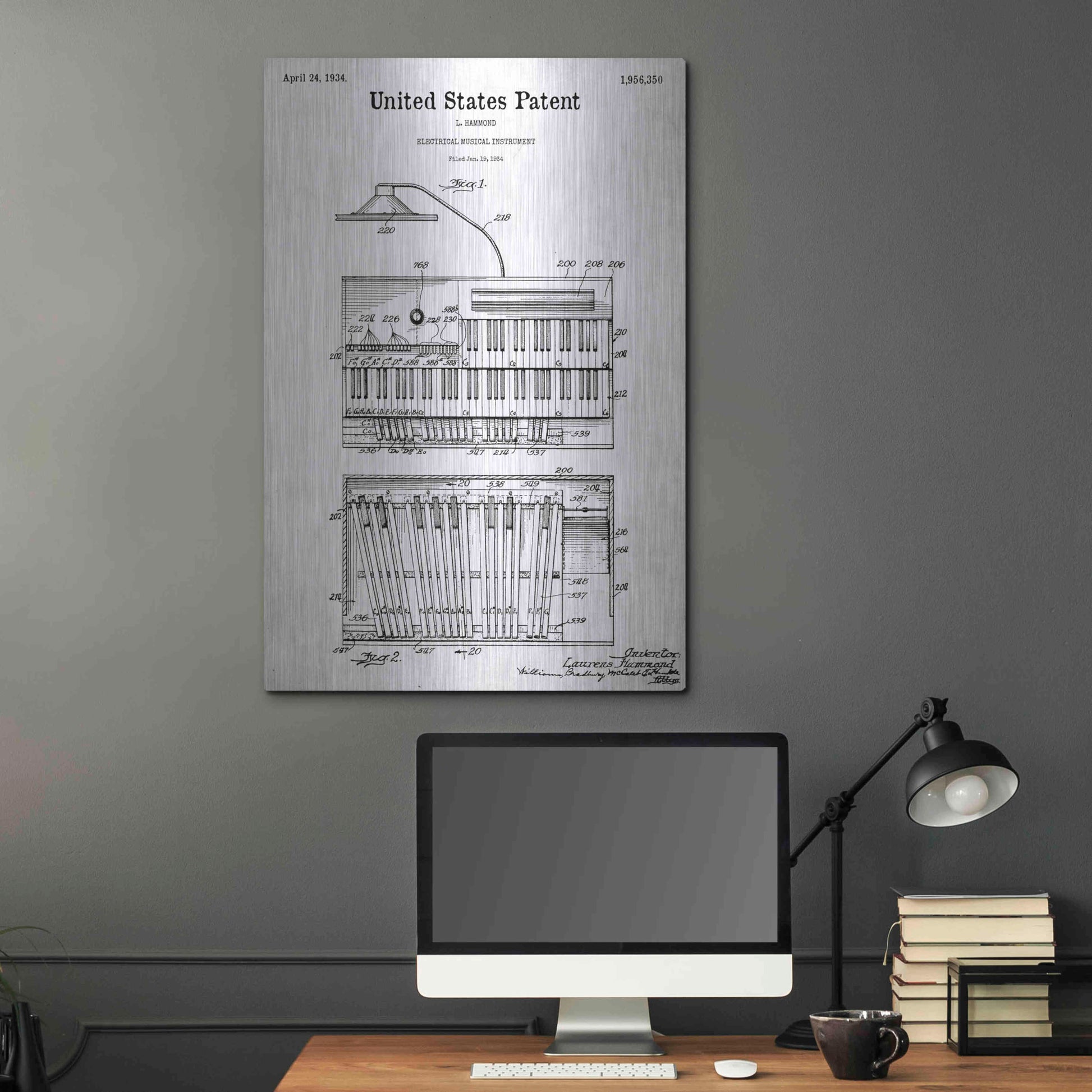 Luxe Metal Art 'Keyboard Instrument Blueprint Patent White' Acrylic Glass Wall Art,24x36