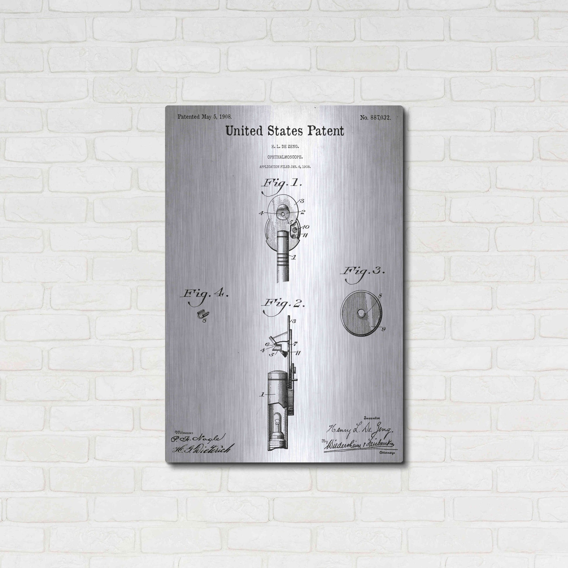 Luxe Metal Art 'Ophthalmoscope Blueprint Patent White' Acrylic Glass Wall Art,24x36