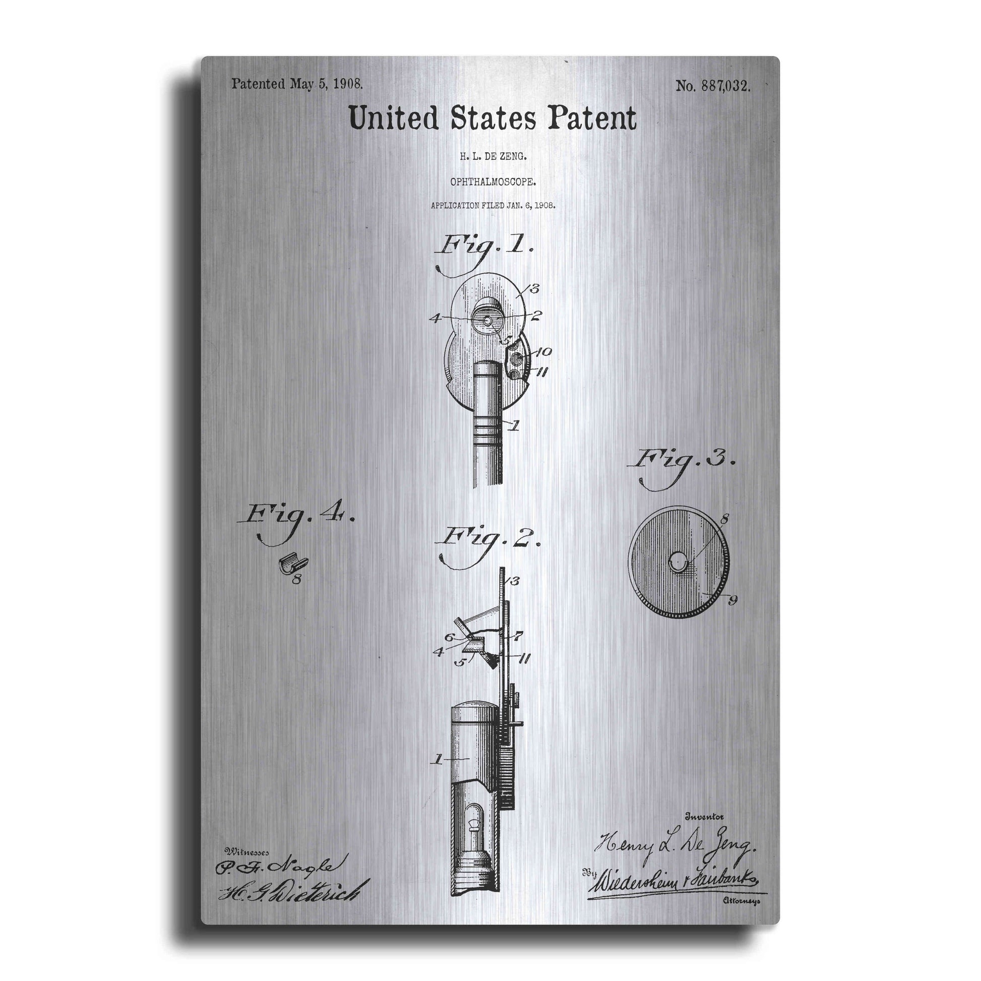 Luxe Metal Art 'Ophthalmoscope Blueprint Patent White' Acrylic Glass Wall Art