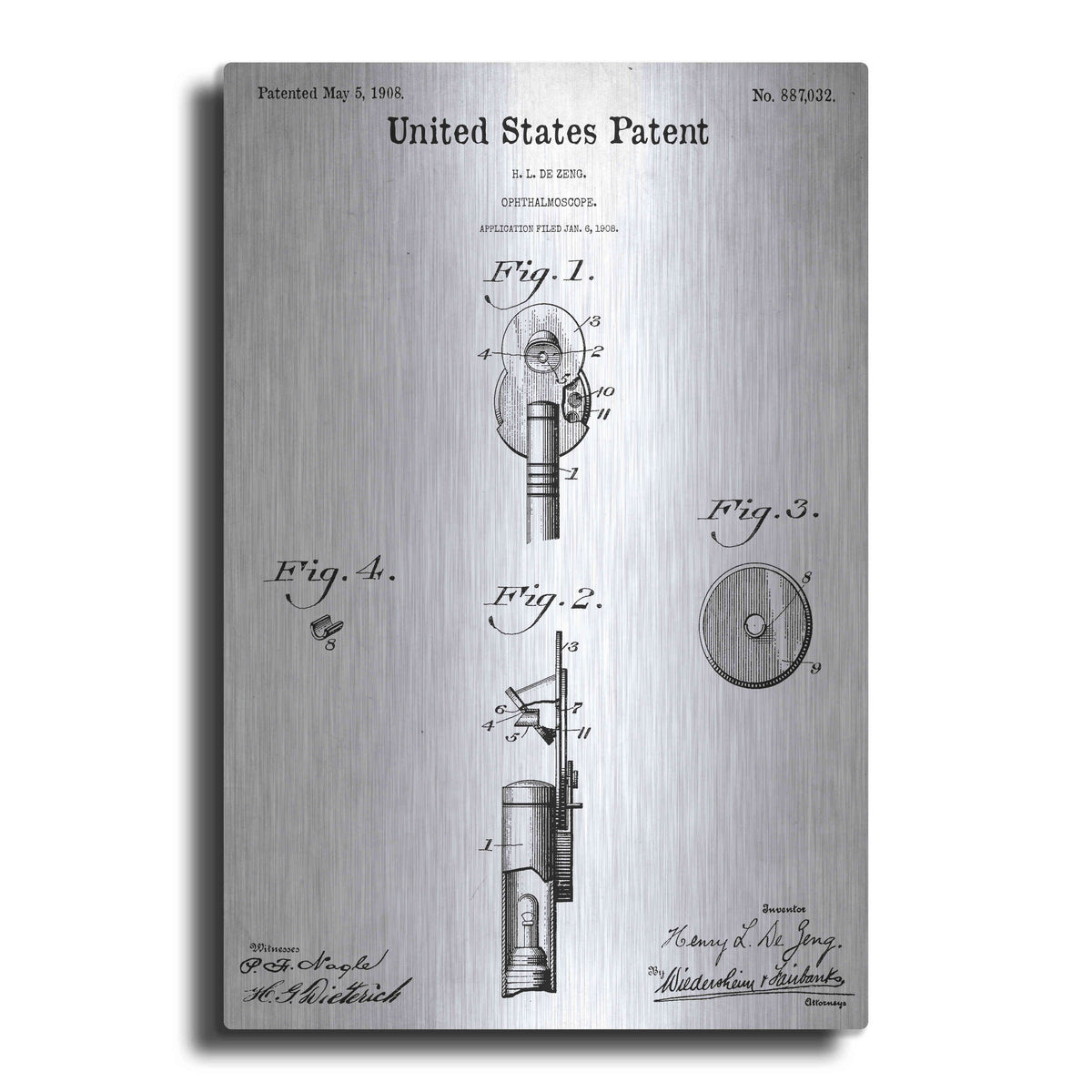 Luxe Metal Art 'Ophthalmoscope Blueprint Patent White' Metal Wall Art