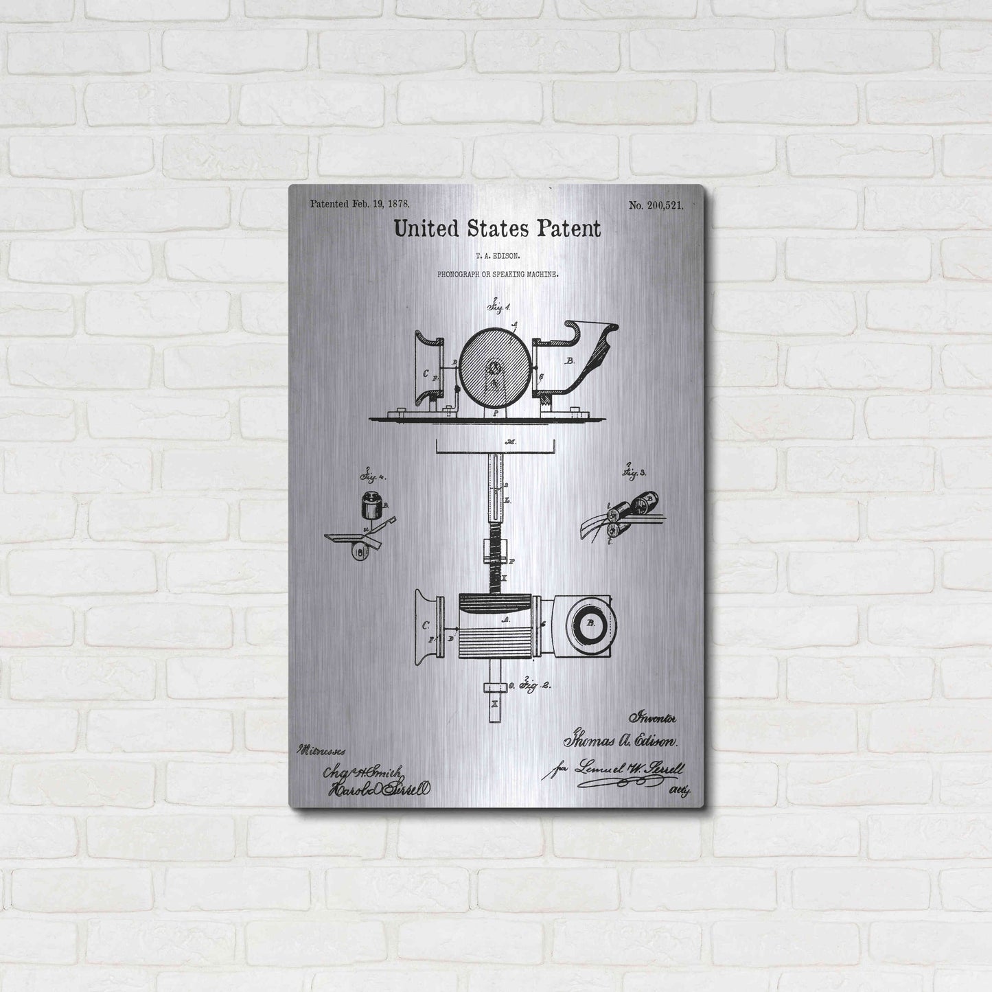 Luxe Metal Art 'Phonograph Blueprint Patent White' Acrylic Glass Wall Art,24x36