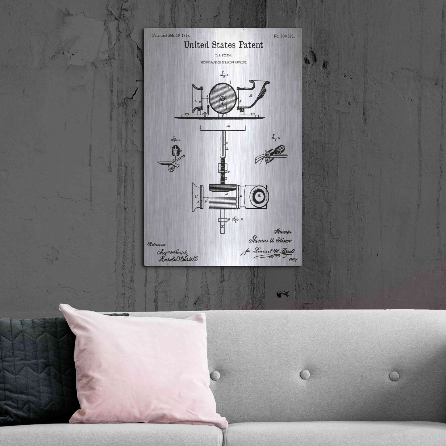 Luxe Metal Art 'Phonograph Blueprint Patent White' Acrylic Glass Wall Art,24x36