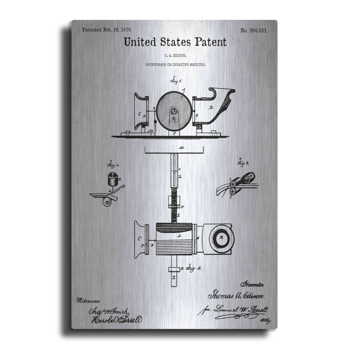 Luxe Metal Art 'Phonograph Blueprint Patent White' Metal Wall Art