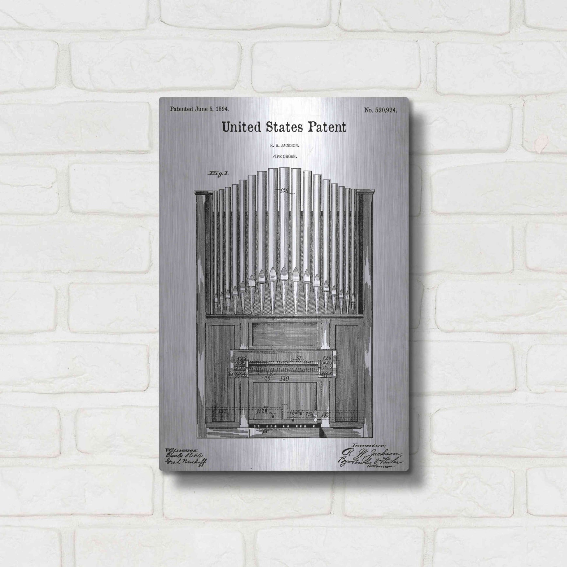 Luxe Metal Art 'Pipe Organ Blueprint Patent White' Acrylic Glass Wall Art,12x16