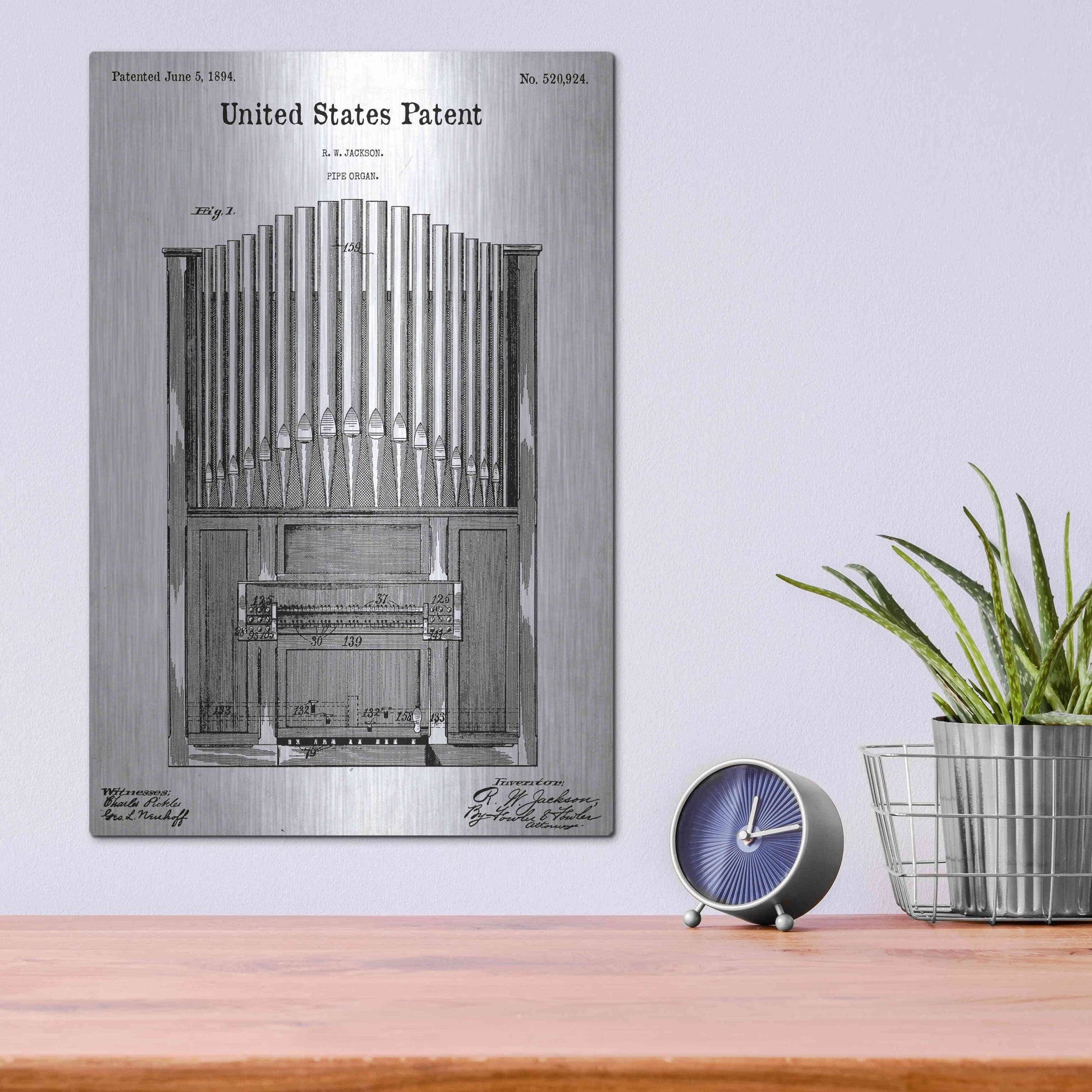 Luxe Metal Art 'Pipe Organ Blueprint Patent White' Acrylic Glass Wall Art,12x16