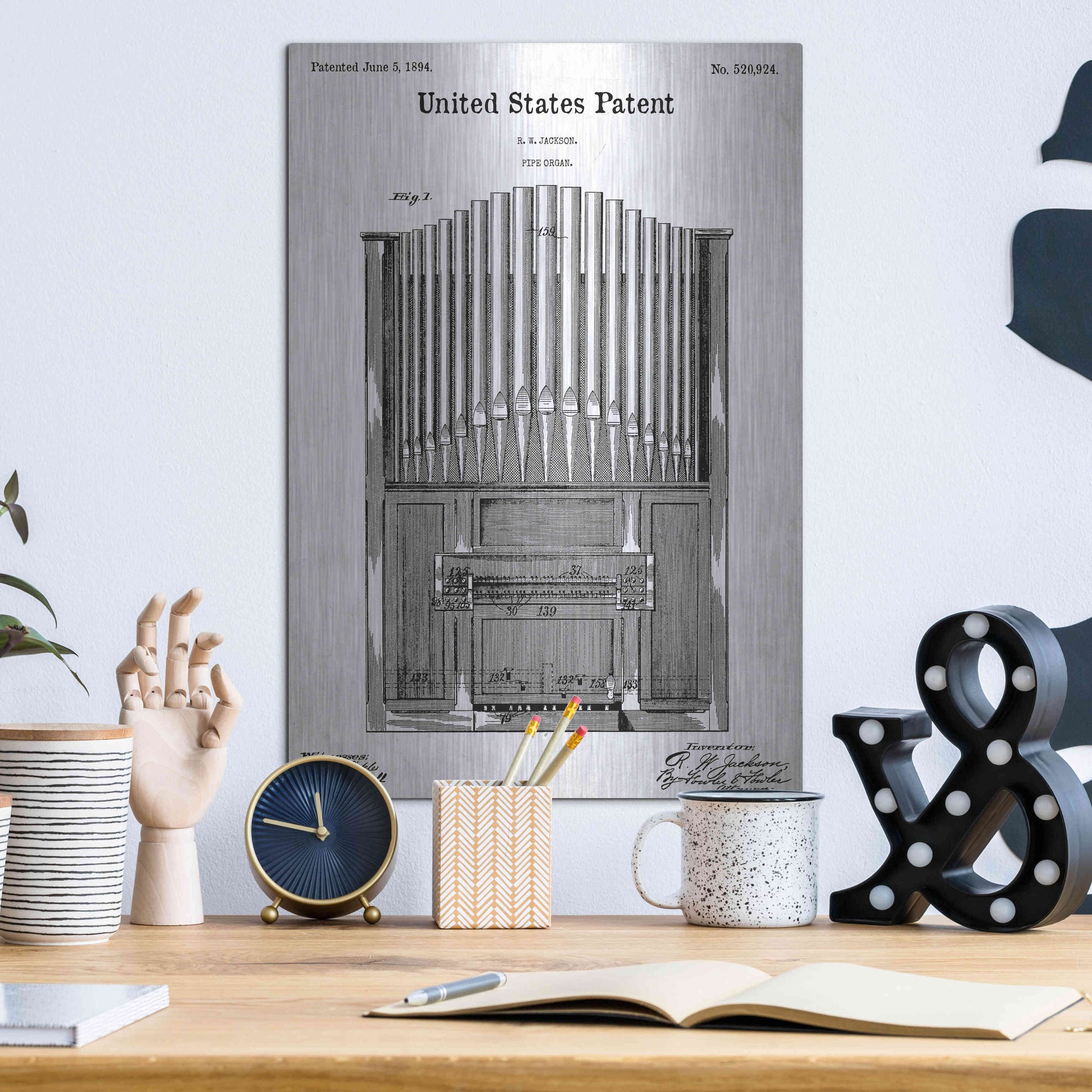 Luxe Metal Art 'Pipe Organ Blueprint Patent White' Acrylic Glass Wall Art,12x16