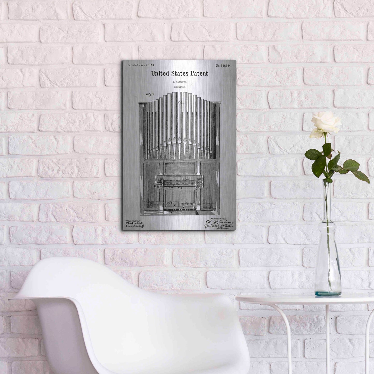 Luxe Metal Art 'Pipe Organ Blueprint Patent White' Acrylic Glass Wall Art,16x24