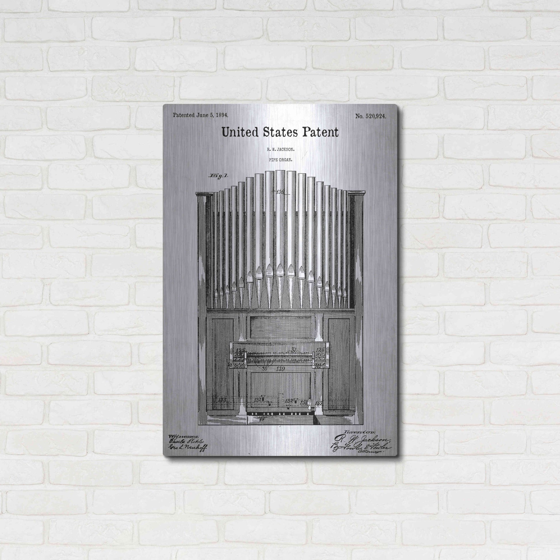 Luxe Metal Art 'Pipe Organ Blueprint Patent White' Acrylic Glass Wall Art,24x36