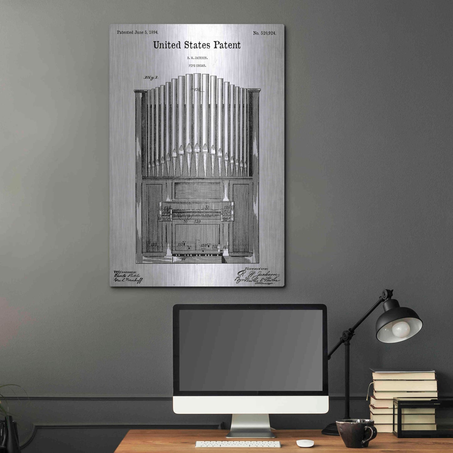 Luxe Metal Art 'Pipe Organ Blueprint Patent White' Acrylic Glass Wall Art,24x36