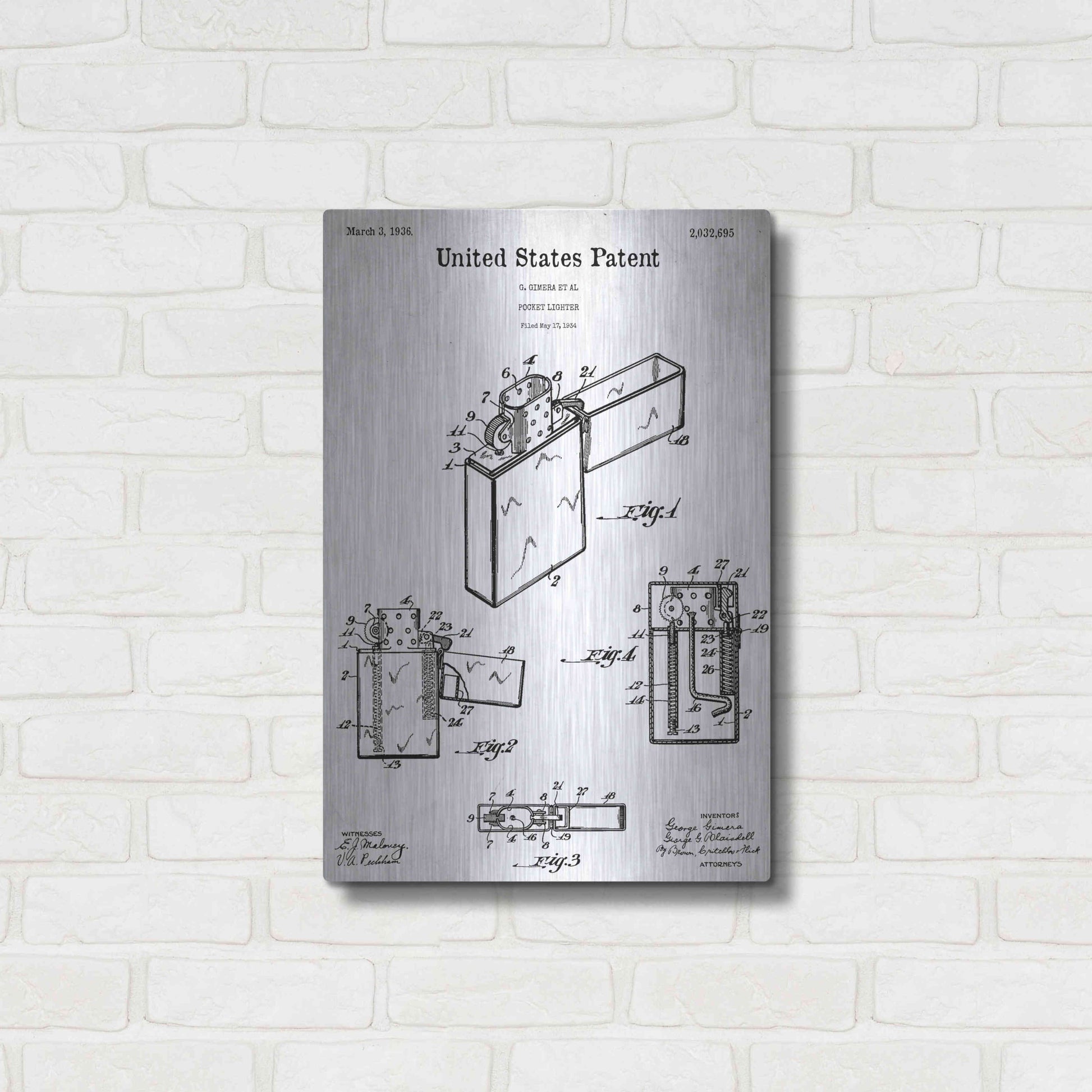 Luxe Metal Art 'Pocket Lighter Blueprint Patent White' Acrylic Glass Wall Art,16x24