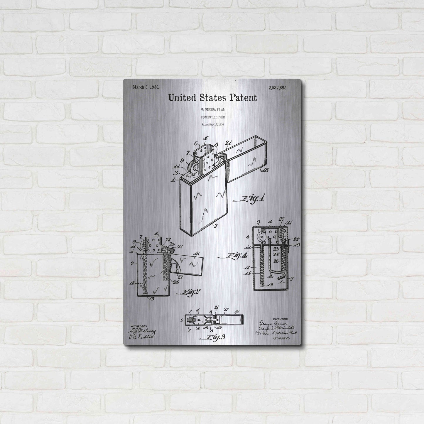 Luxe Metal Art 'Pocket Lighter Blueprint Patent White' Acrylic Glass Wall Art,24x36