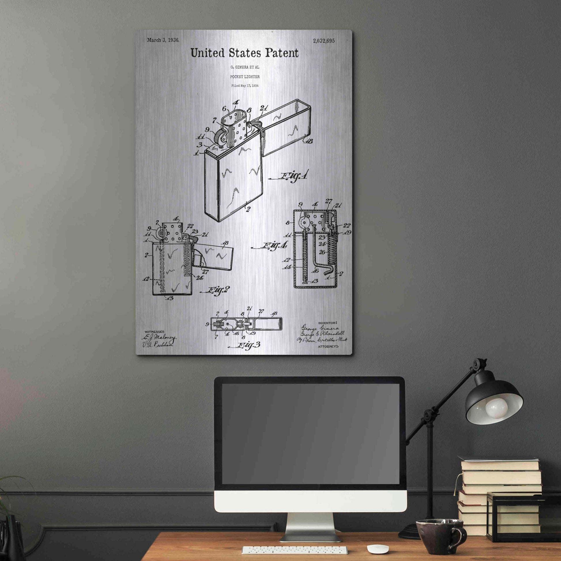 Luxe Metal Art 'Pocket Lighter Blueprint Patent White' Acrylic Glass Wall Art,24x36