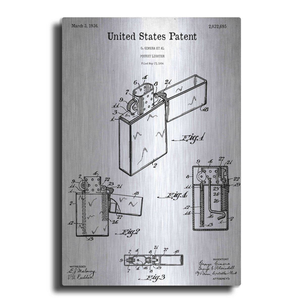 Luxe Metal Art 'Pocket Lighter Blueprint Patent White' Metal Wall Art