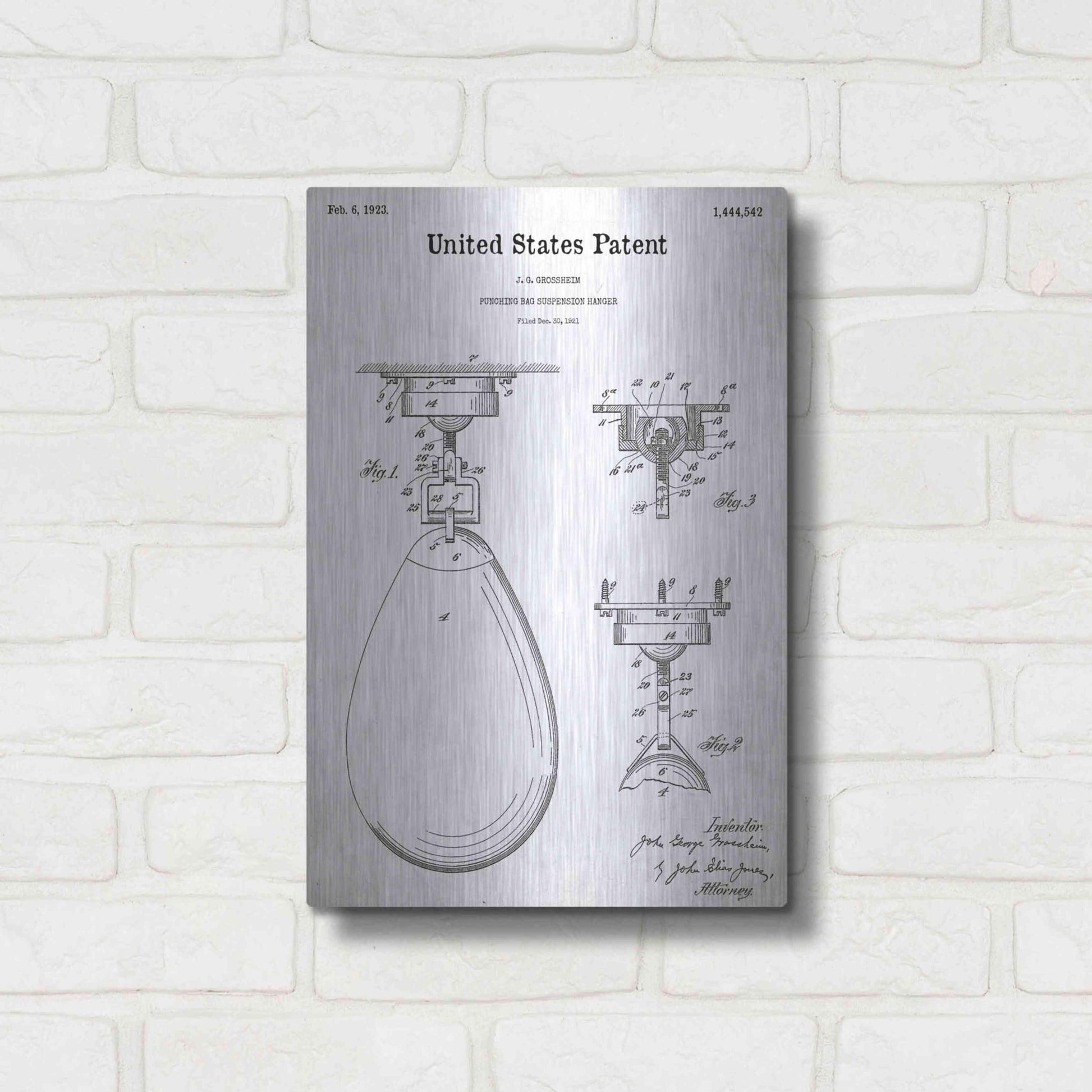 Luxe Metal Art 'Boxing Bag Blueprint Patent White' Acrylic Glass Wall Art,12x16