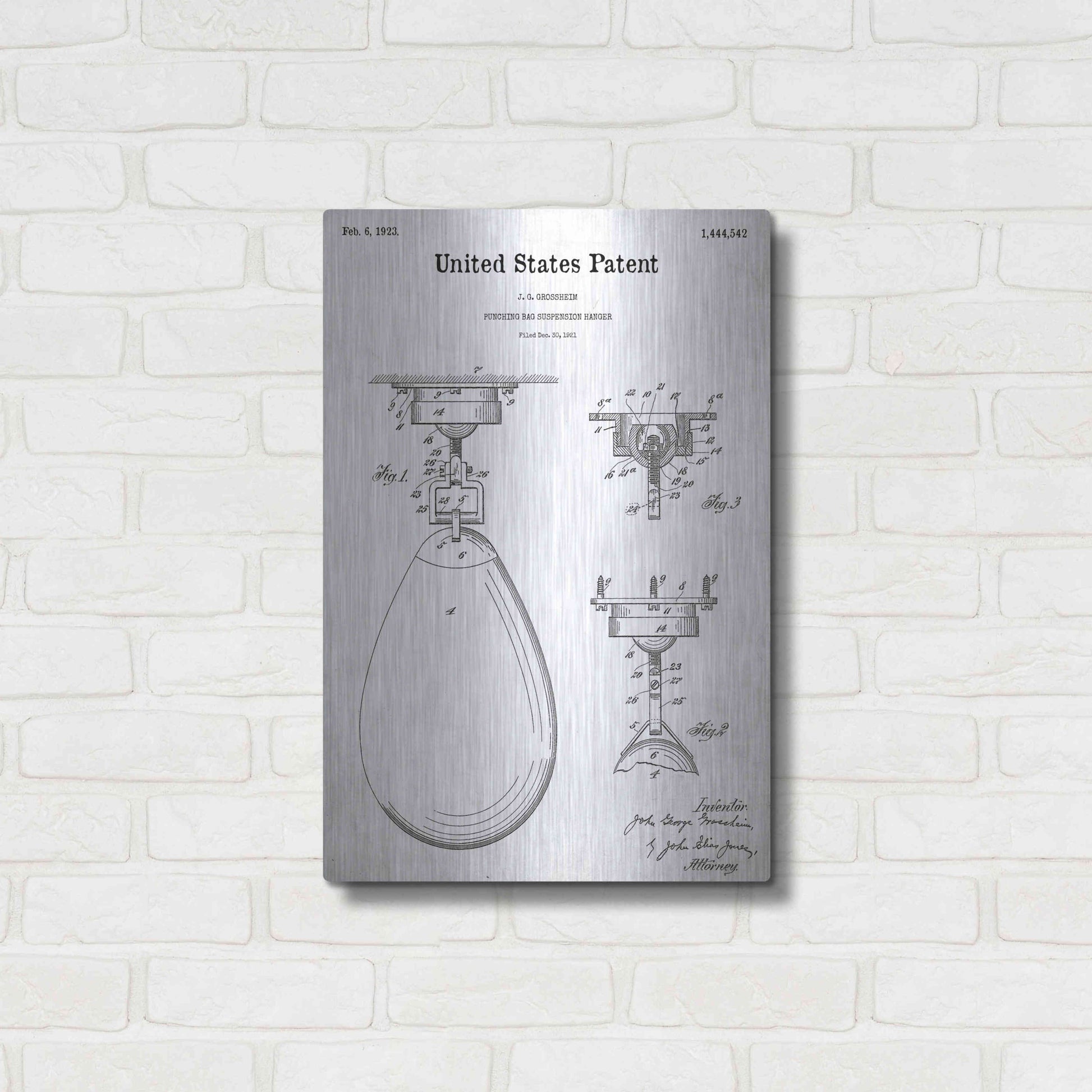 Luxe Metal Art 'Boxing Bag Blueprint Patent White' Acrylic Glass Wall Art,16x24