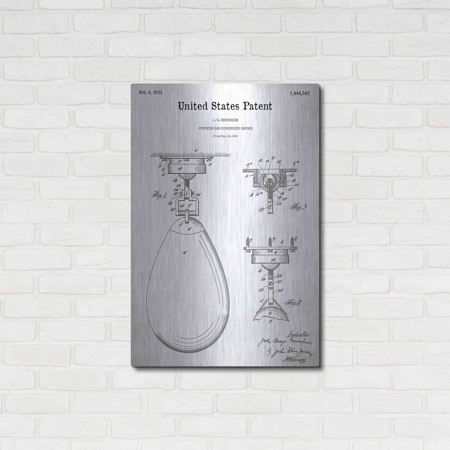 Luxe Metal Art 'Boxing Bag Blueprint Patent White' Acrylic Glass Wall Art,24x36