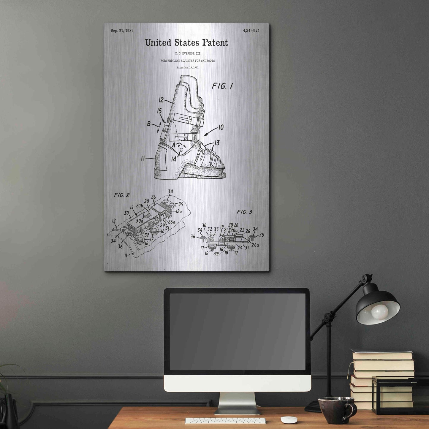 Luxe Metal Art 'Ski Boots Blueprint Patent White' Acrylic Glass Wall Art,24x36