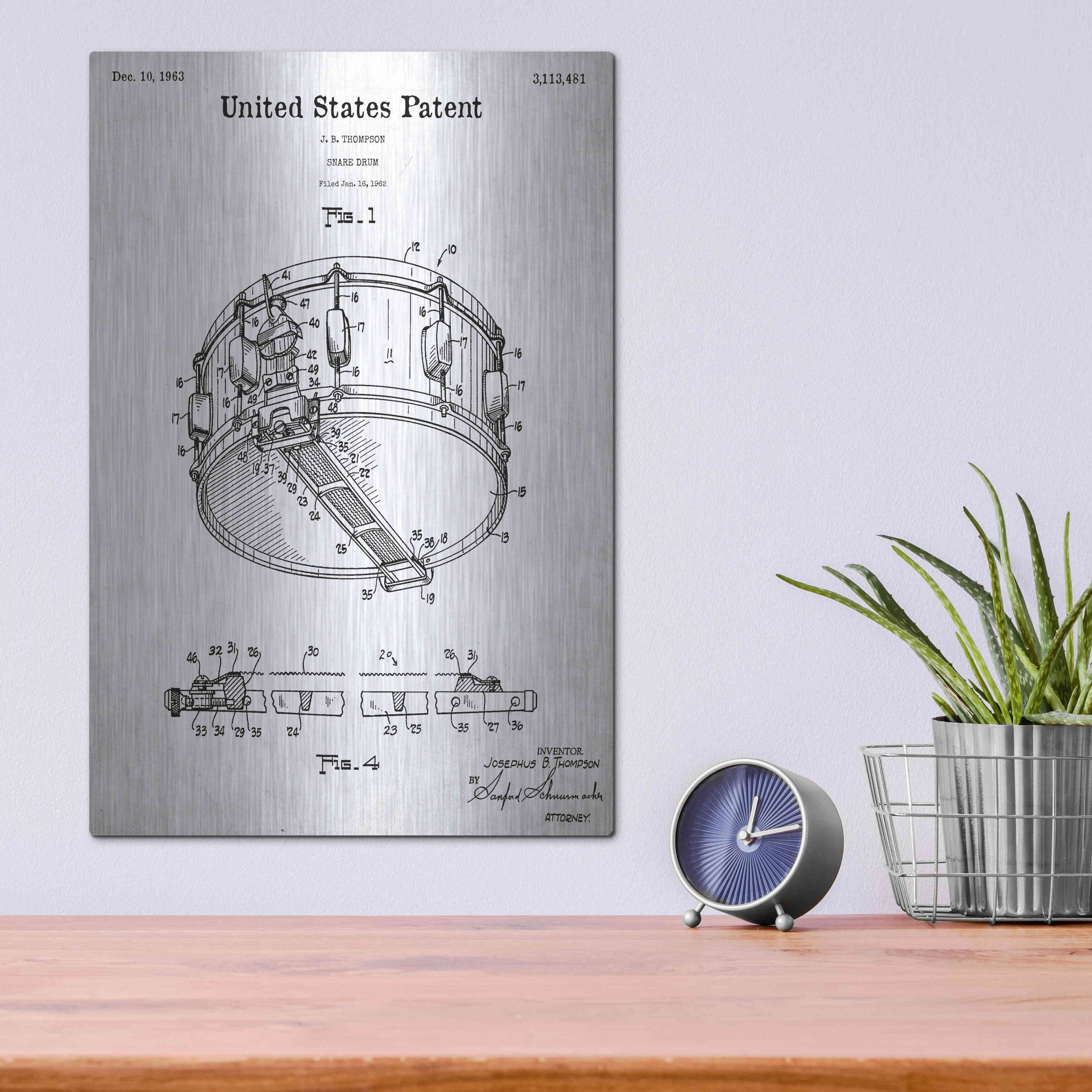 Luxe Metal Art 'Snare Drum Blueprint Patent White' Acrylic Glass Wall Art,12x16