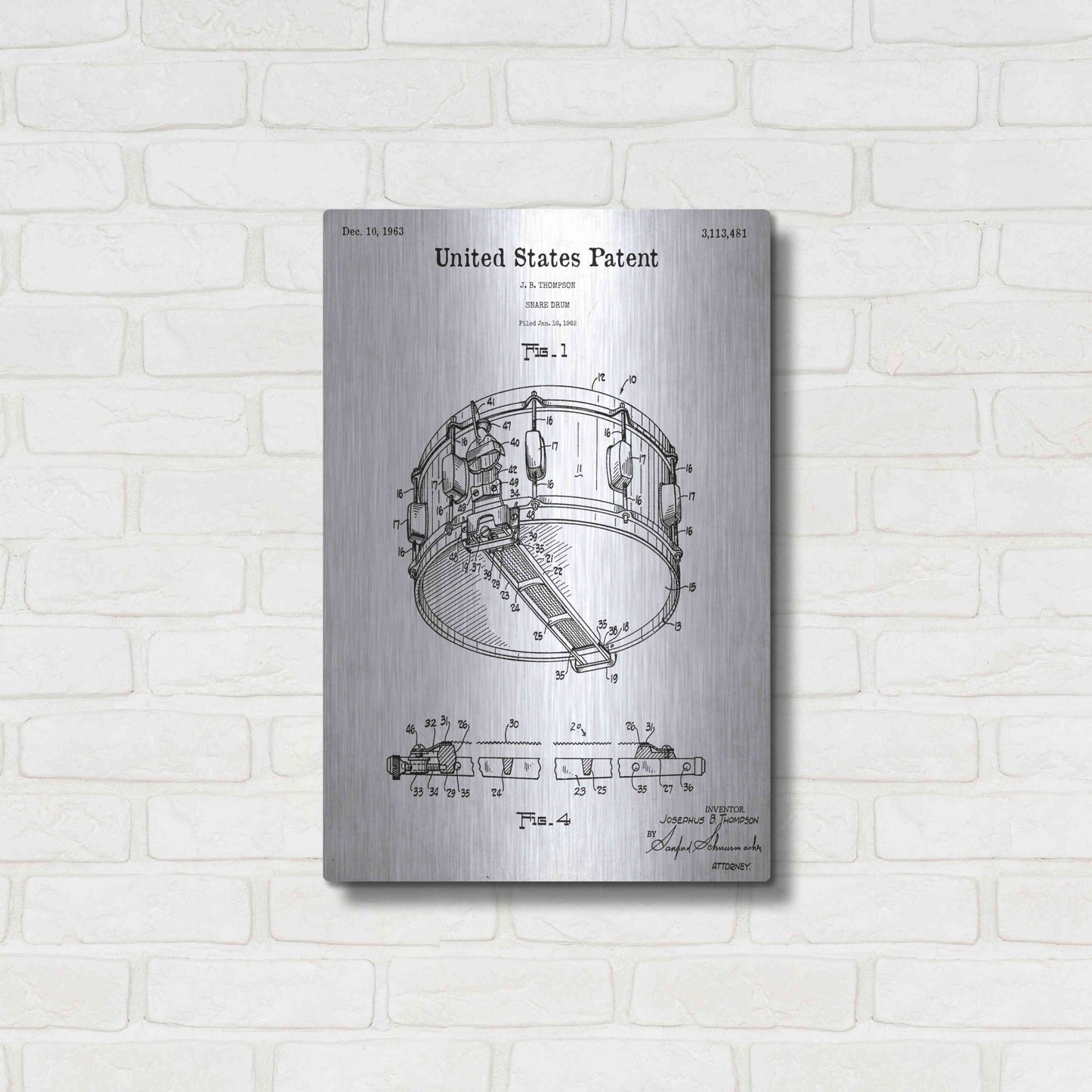 Luxe Metal Art 'Snare Drum Blueprint Patent White' Acrylic Glass Wall Art,16x24