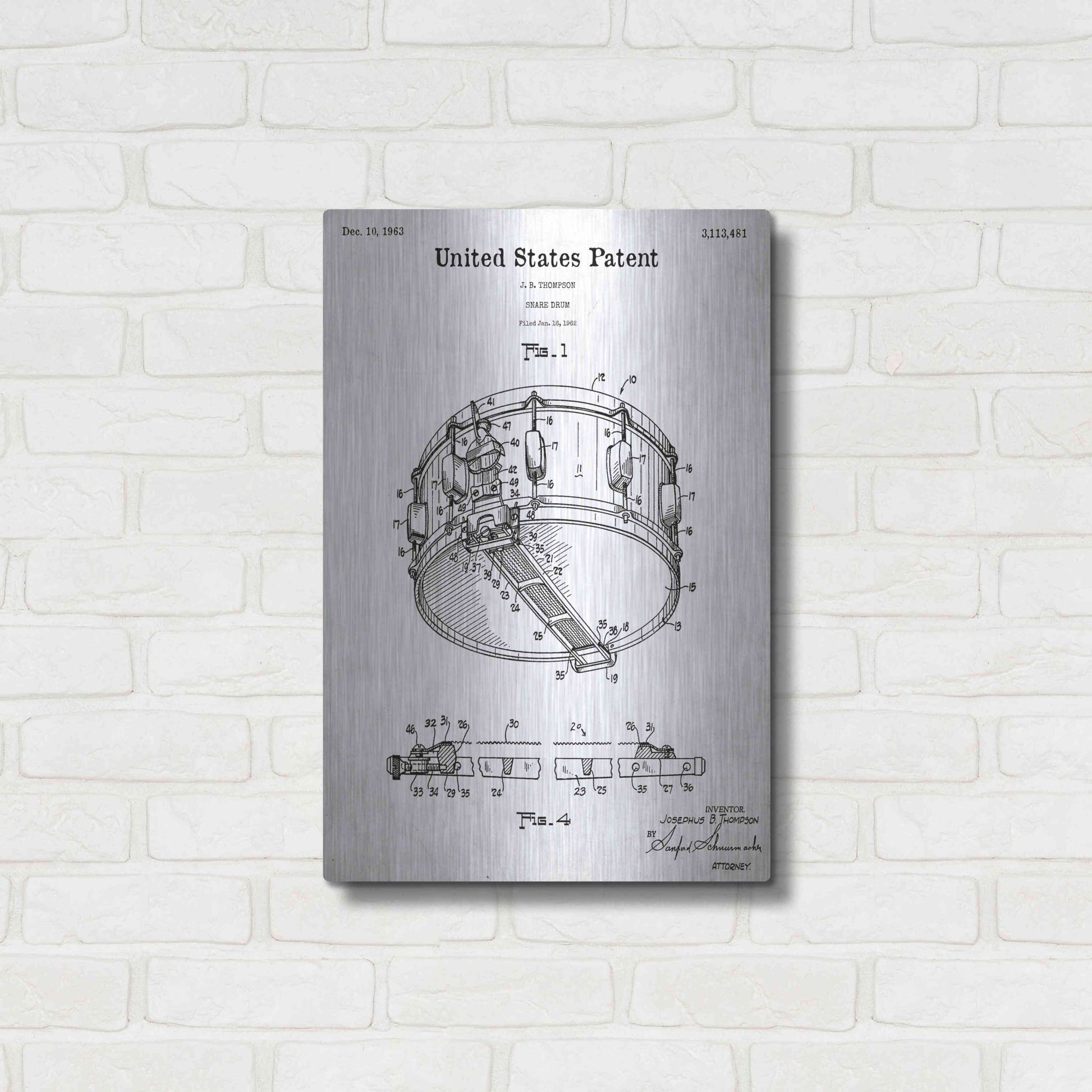 Luxe Metal Art 'Snare Drum Blueprint Patent White' Acrylic Glass Wall Art,16x24