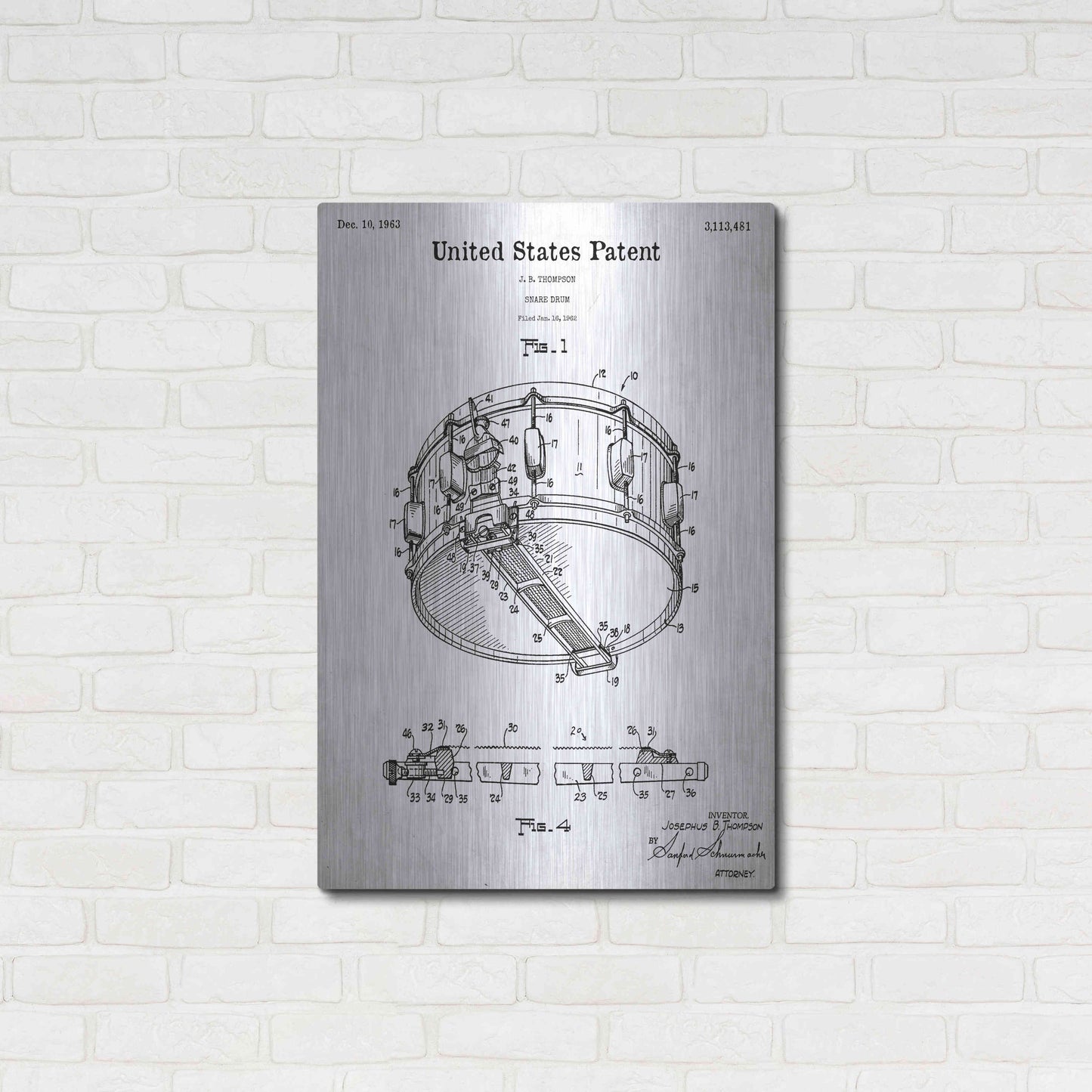 Luxe Metal Art 'Snare Drum Blueprint Patent White' Acrylic Glass Wall Art,24x36